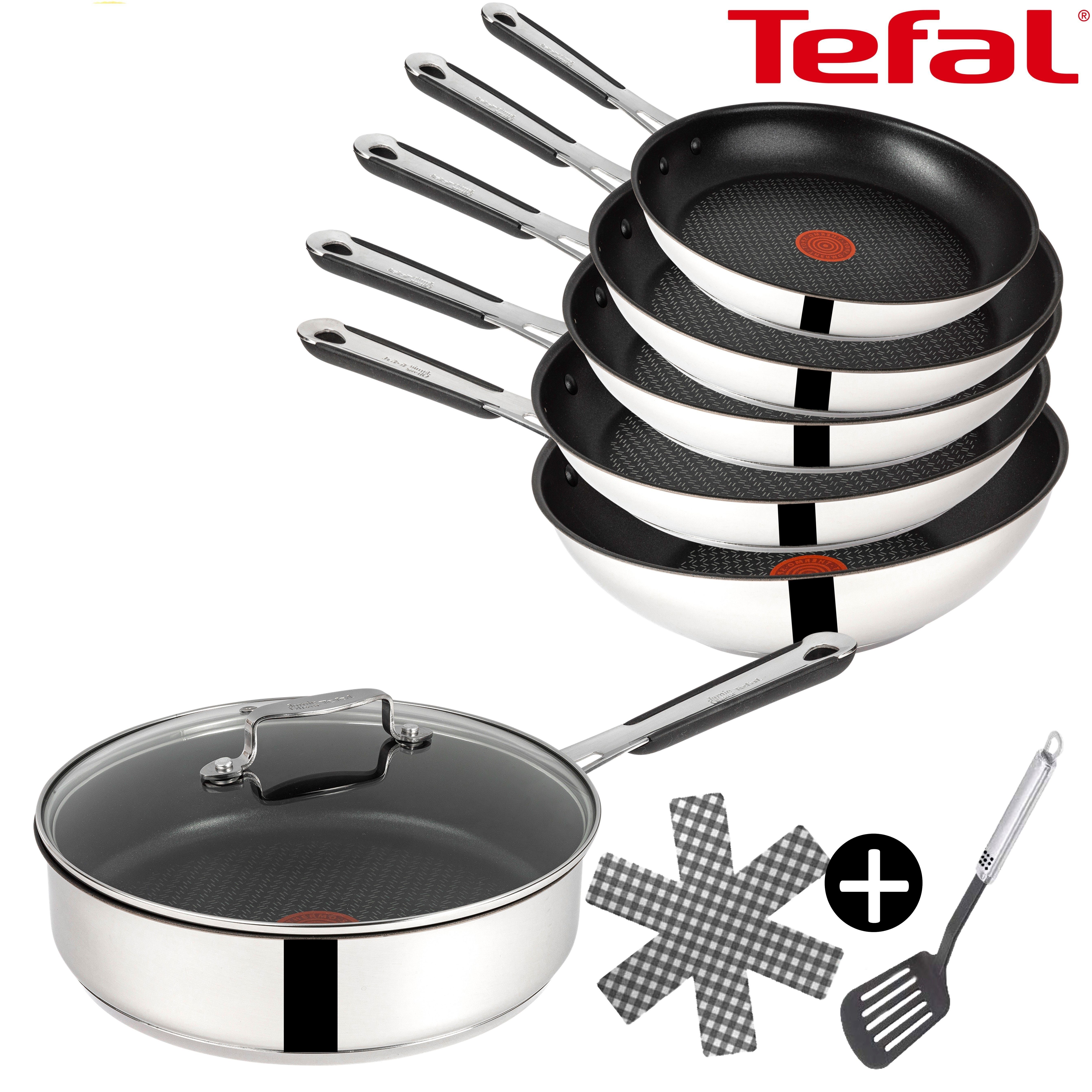 Tefal Pfannen-Set Jamie Oliver E30 Pfannen Set 20+24+28cm + Schmorpfanne 25cm + Wok 28cm, Edelstahl 18/10 (Inkl. 1 Wender & Filzschoner, Pfannenset mit Deckel, 9-tlg., Pfanne induktion, Pfannen für induktionsherd, Bratpfanne edelstahl), Ohne Fett / Öl braten, Backofenfest, Hoher Rand