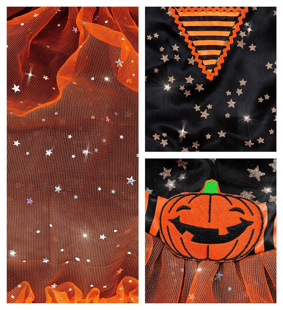 Karneval-Klamotten Hexen-Kostüm Schwarz orange glitzer Hexe + Hexenhut Hexenbesen, Kinderkostüm Mädchenkostüm Halloween Kleid, Hut und Hexenbesen