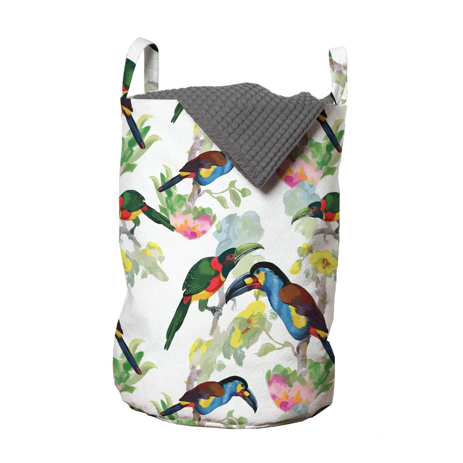 Abakuhaus Wäschesäckchen Wäschekorb mit Griffen Kordelzugverschluss für Waschsalons, Exotisch Tukane auf Tropical Flora