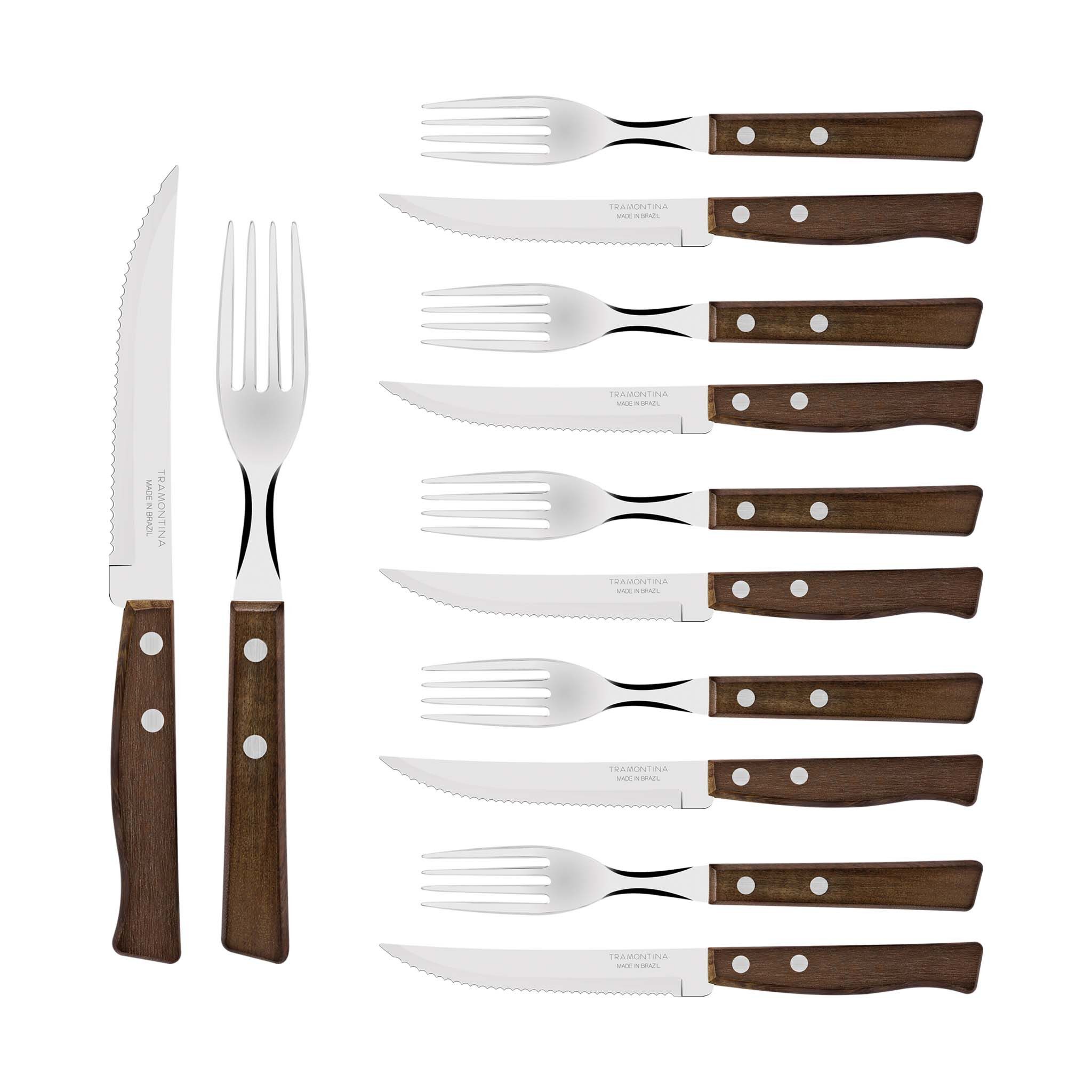 Tramontina Steakbesteck TRADICIONAL Steak-/Pizzabesteck - Holzgriff (12-tlg), 6 Personen, Edelstahl, 12-teiliges Set, rostfreier Edelstahl, Holzgriff