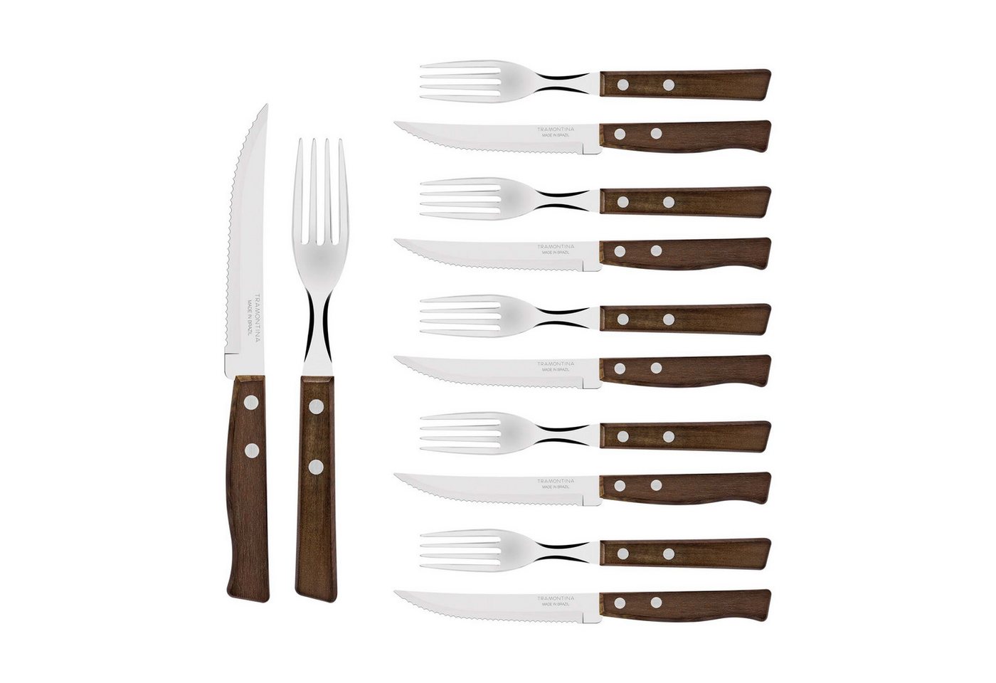 Tramontina Steakbesteck TRADICIONAL Steak-/Pizzabesteck - Holzgriff (12-tlg), 6 Personen, Edelstahl, 12-teiliges Set, rostfreier Edelstahl, Holzgriff