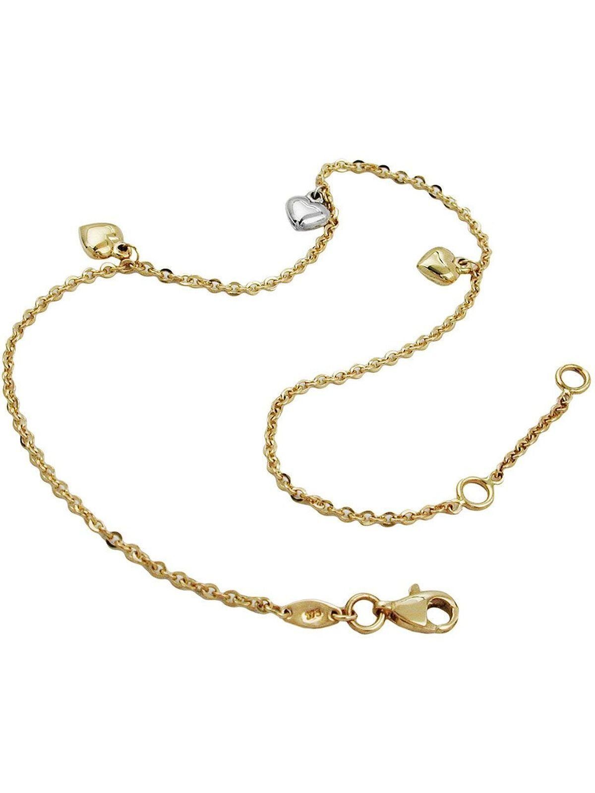 Gallay Fußkette 1,7mm Ankerkette mit 3 Herzen bicolor längenvariabel 9Kt GOLD 25cm (1-tlg)