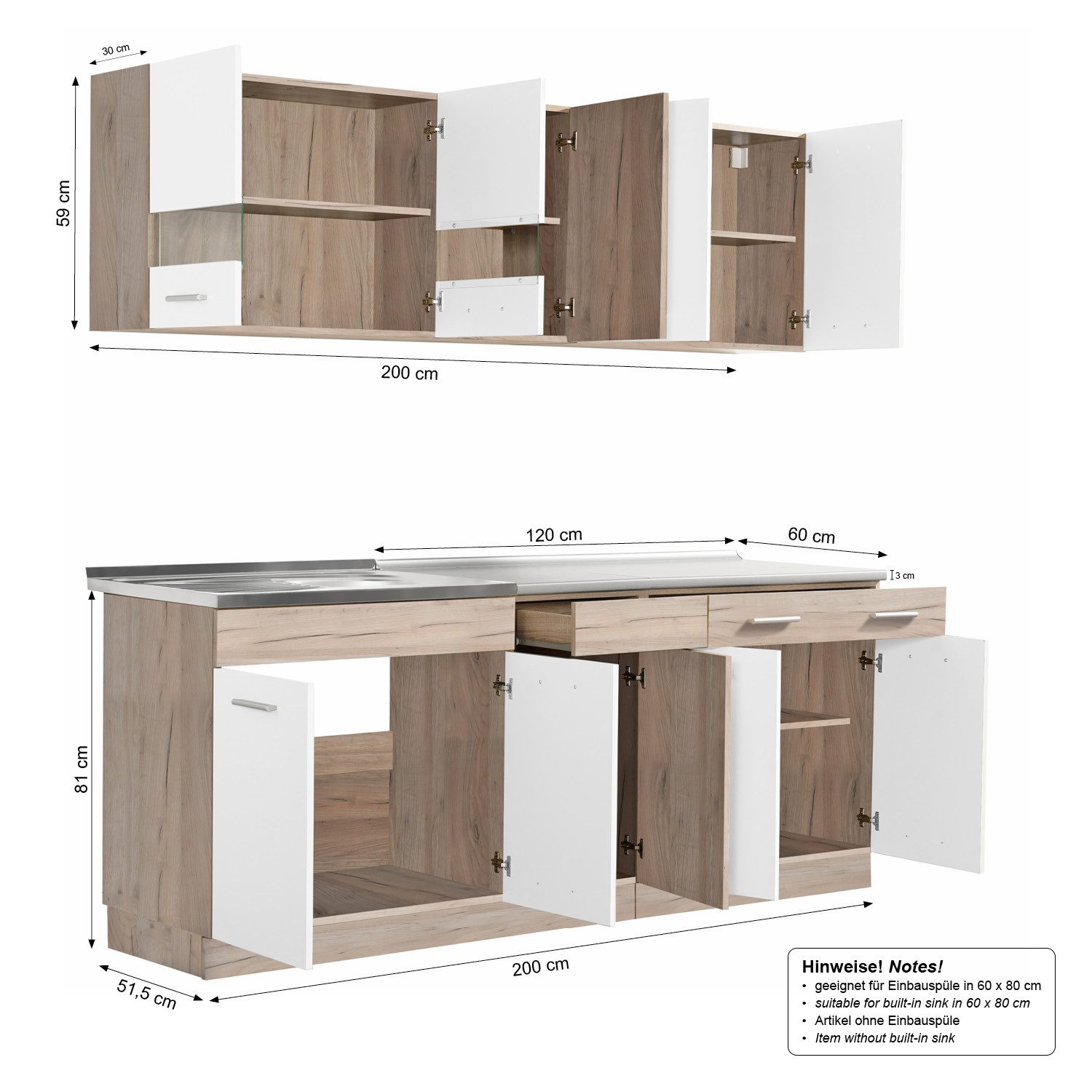Homestyle4u kitchen unit 200 cm without appliances, single kitchen, kitchen cabinets white matt and oak brown (wall cabinets, base cabinets, 2 worktops, fitted kitchen), kitchen block, fitted kitchen