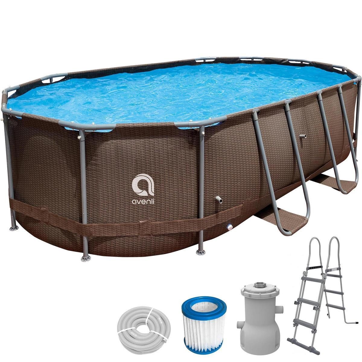 Avenli Framepool Frame Oval Pool Set 427x275x100 cm Rattan Optik (Stahlrahmenpool Komplettset, Aufstellpool inklusive Zubehör), Sicherheitsleiter