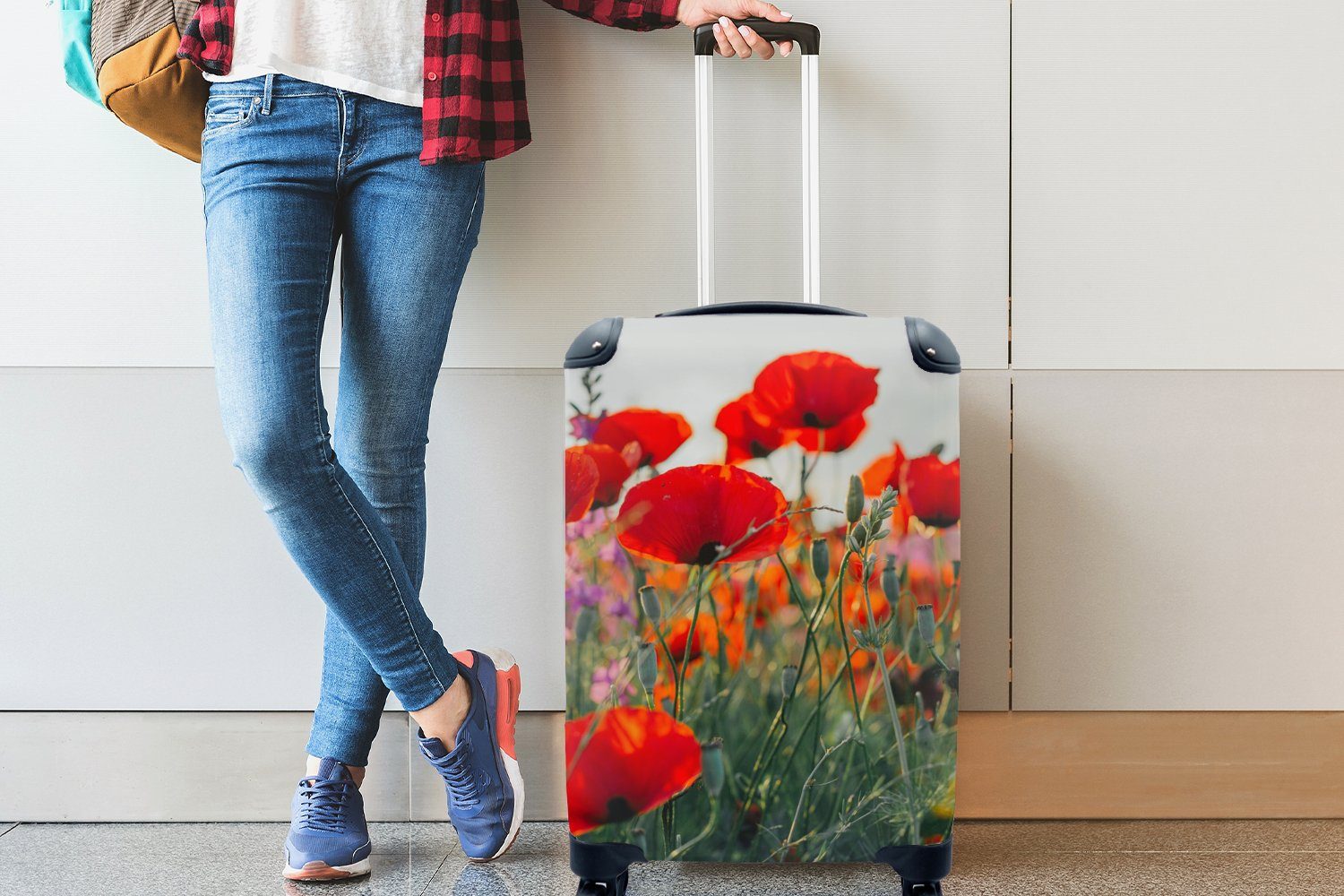 Reisekoffer Blumen Wiese, Rot Mohn MuchoWow Ferien, - - 4 Rollen, - Handgepäck Trolley, für Lila Reisetasche - mit Handgepäckkoffer rollen,