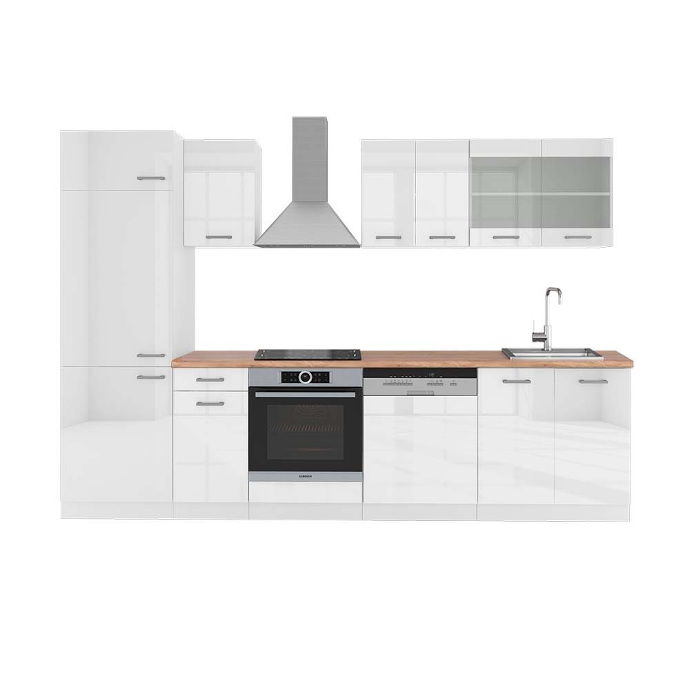 Vicco Küchenzeile R-Line, Weiß Hochglanz/Weiß, 300 cm, AP Eiche