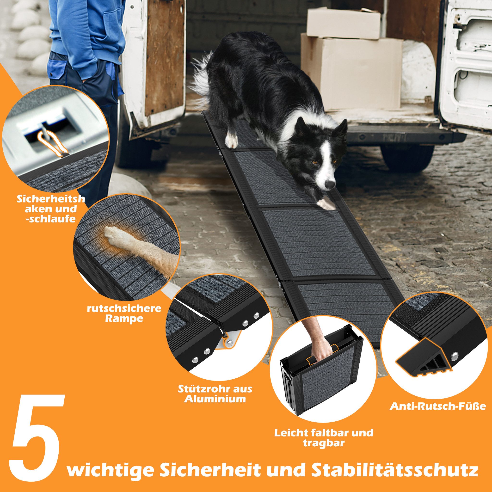FIVMEN Hunderampe Klappbar Hundetreppe mit Rutschfester Teppichoberfläche, Tragbare hunderampen für Autos
