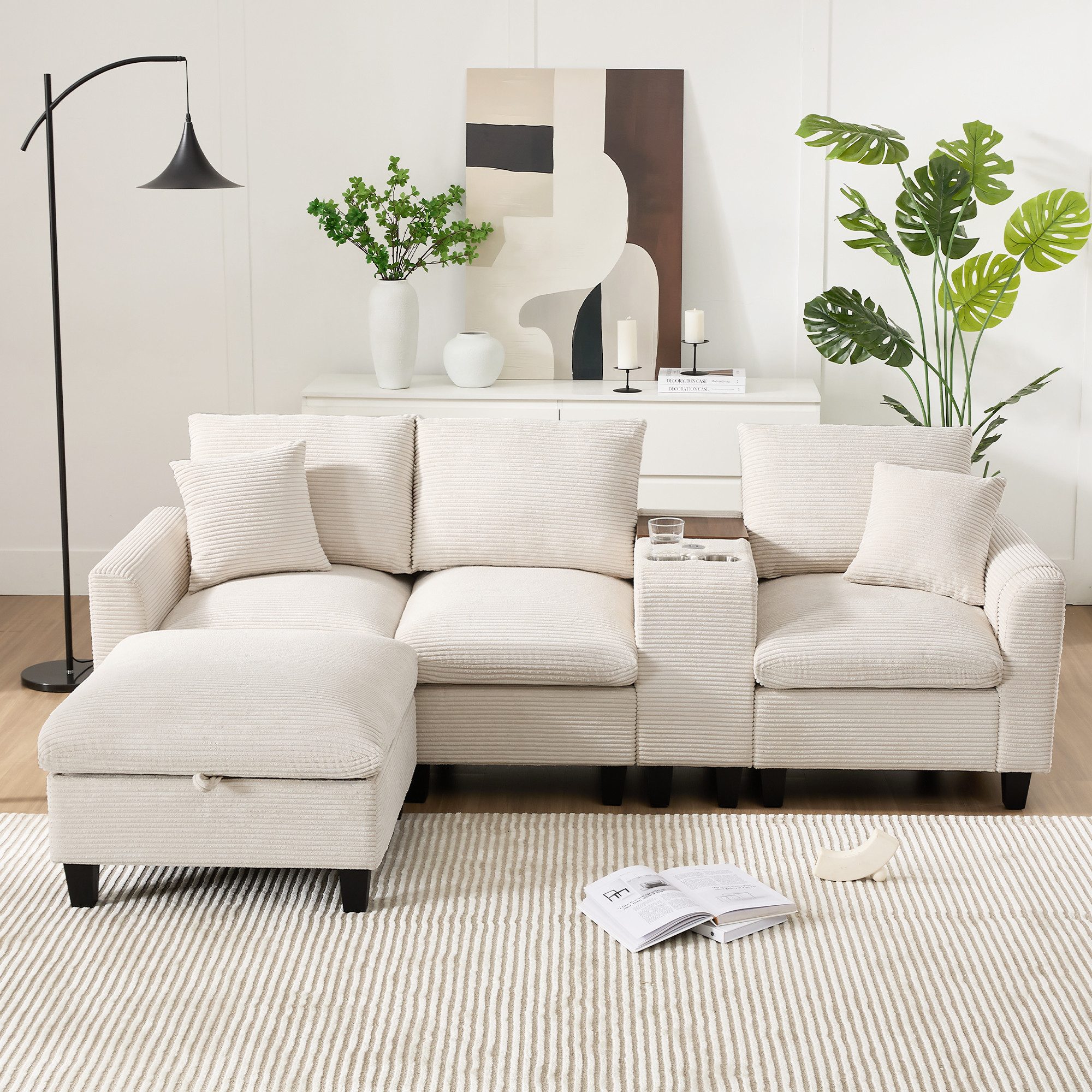 MODFU Ecksofa L-förmiges 4-Sitzer Sofa mit 2 Kissen, Komfortsofa, mit verstecktem Staufach, Doppel-USB-Anschlüsse, Becherhalter