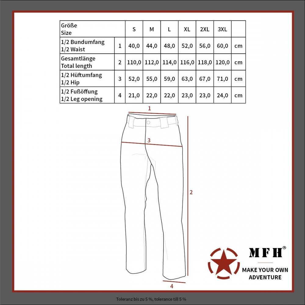 - Cargohose Rip MFH L Stop, HighDefence flecktarn Kommandohose, "Smock",