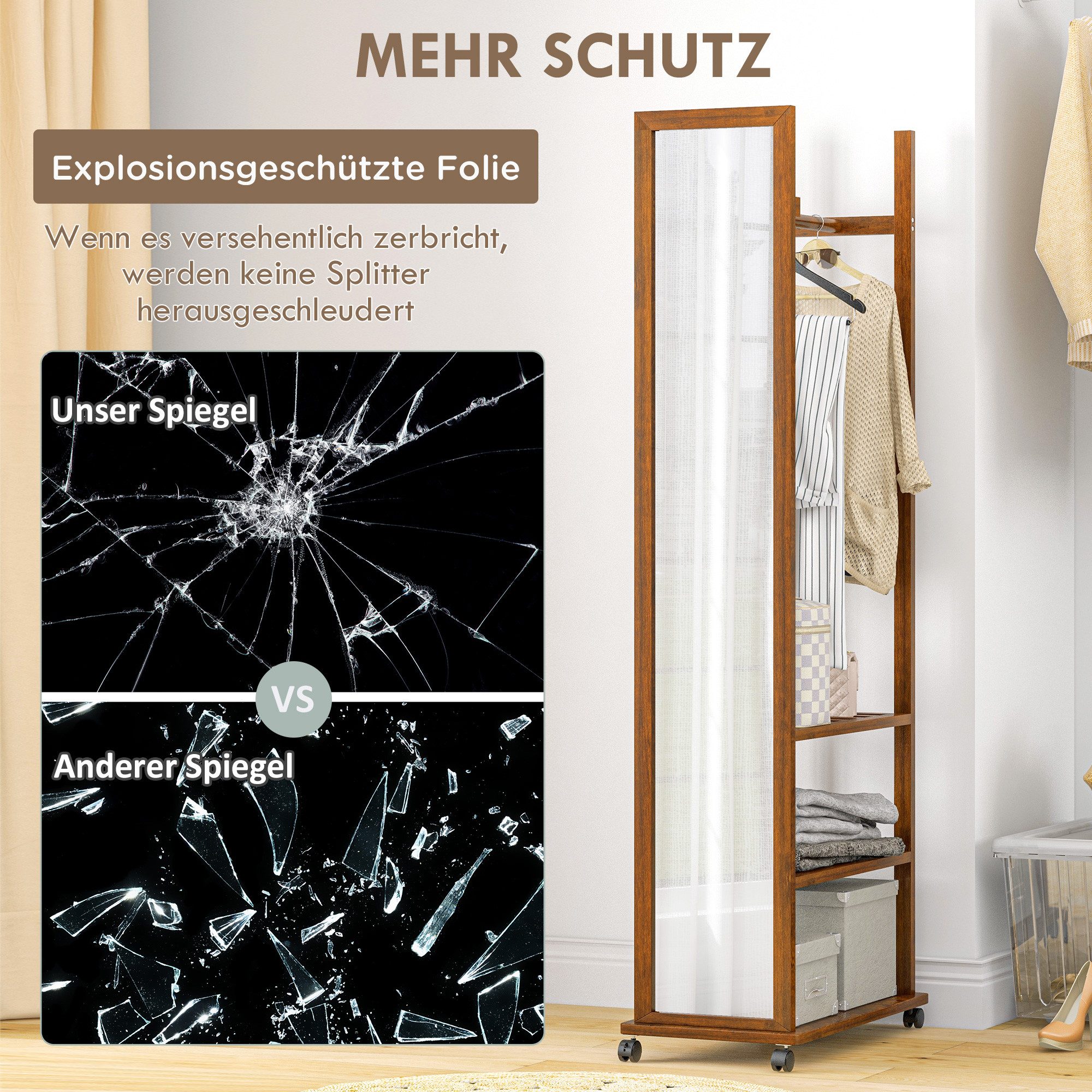 Ganzkörperspiegel Mit Garderobe - 2-in-1 Standspiegel Mit Rädern