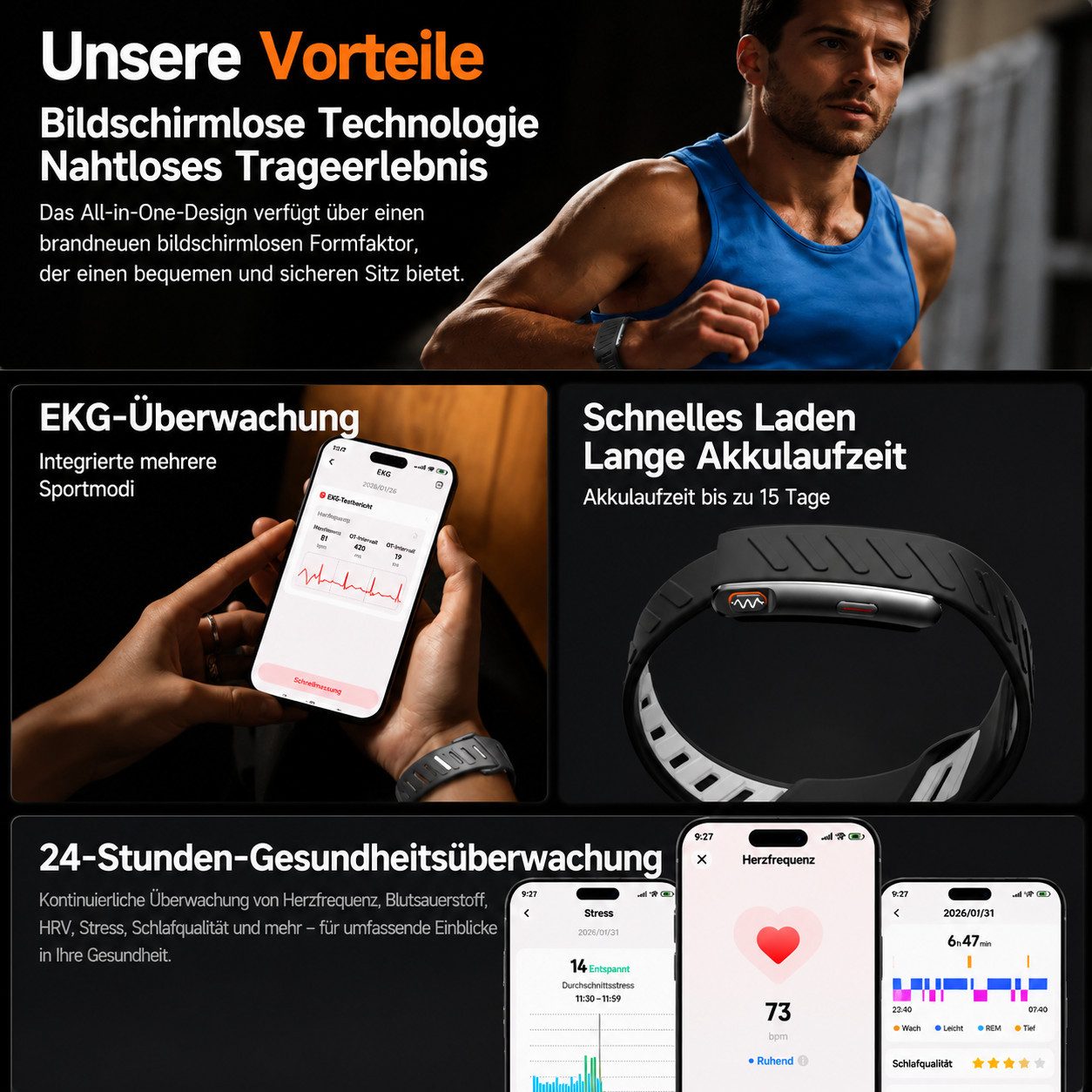 Toomoke Fitness-Tracker Fitness-Tracker Smart Band ohne Display Herren Damen Metall (Fitness Armband, 1-tlg, Mit Extra Armband aus Nylon, Aktivitäts Emotions und Schlaftracker Wasserfest), Akku +1 Monat