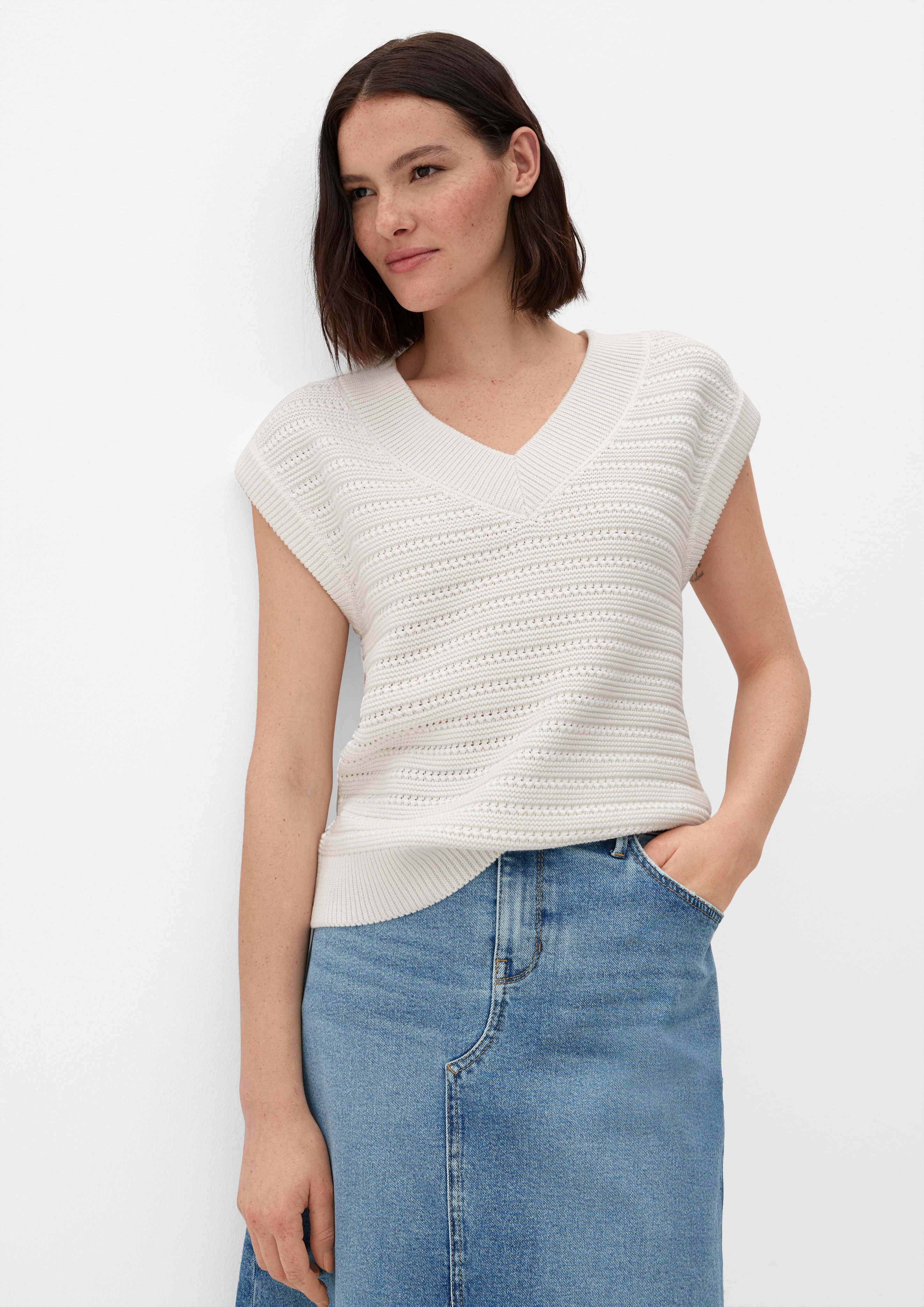 s.Oliver Strickpullover Strickpullunder mit Strukturmuster Rippbündchen creme