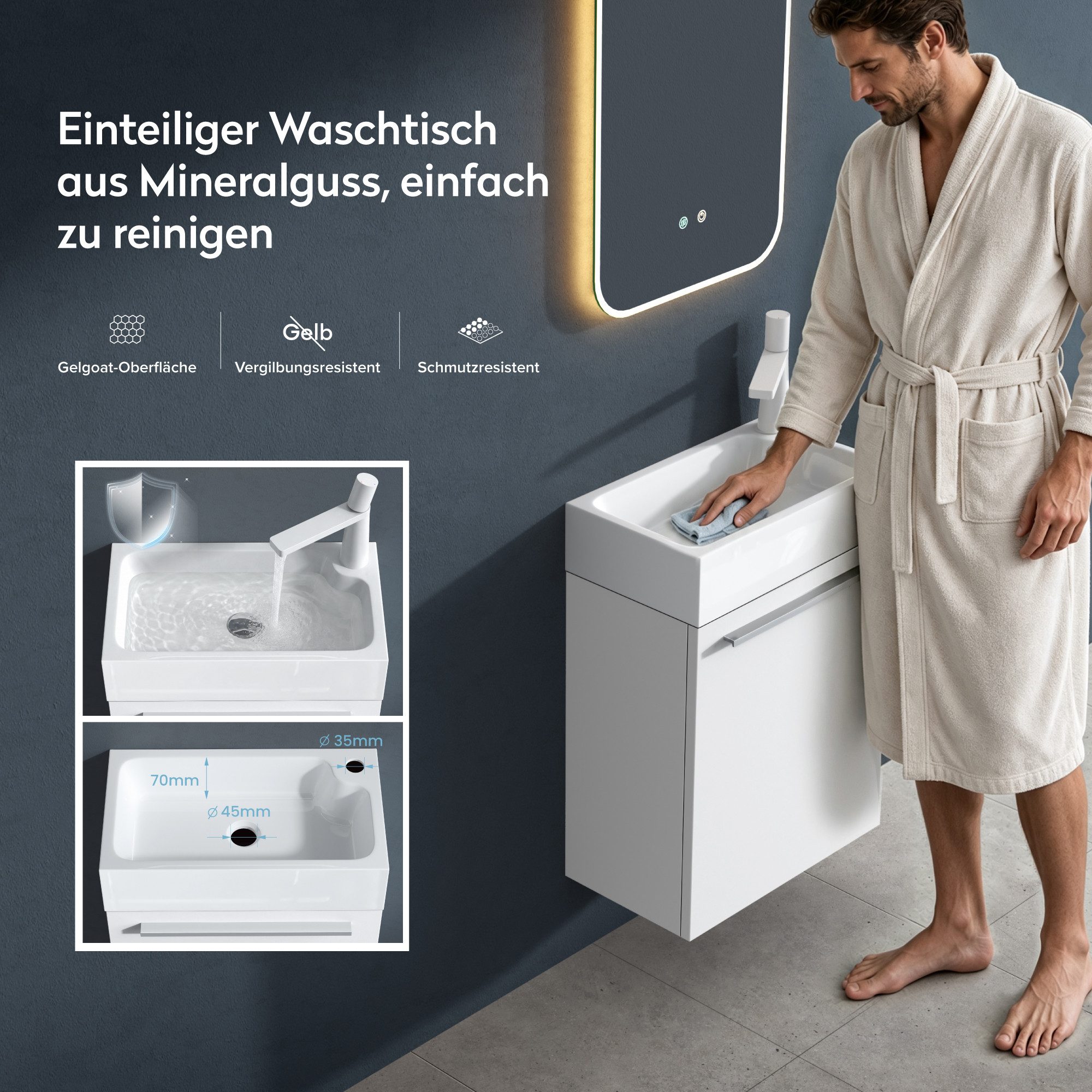 doporro Badezimmer-Set Waschtisch mit Unterschrank Gäste-WC E1-Platte Holzbeschichtung PISA, 46cm Breite, wasserdicht – Bild 4 von 5