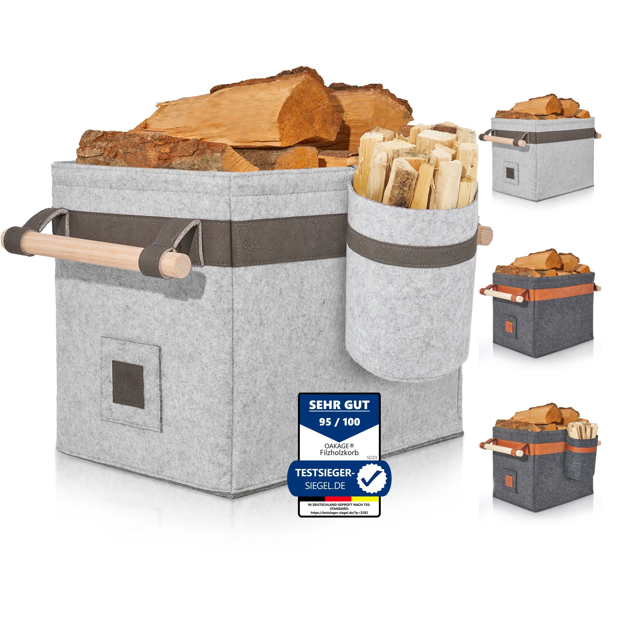 OAKAGE Kaminholzkorb Holzkorb für Kaminholz Feuerholzkorb Brennholzkorb Kaminkorb Filzkorb (Set, 1 x Holzkorb + 1 x Zündholzkorb), einfallsichere Seitenwände