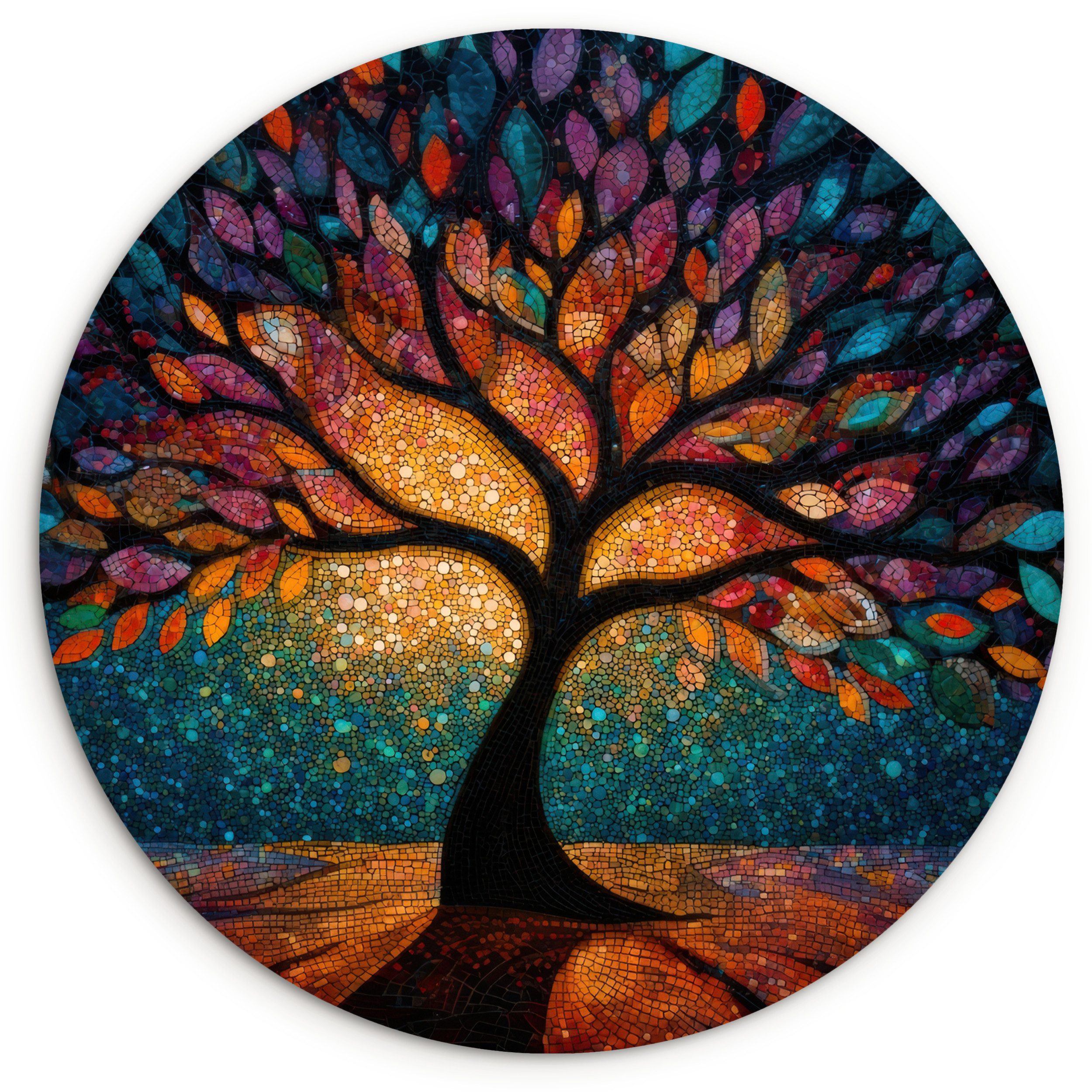 MuchoWow Gemälde Mosaik - Bunt - Baum - Äste, Fotodruck (1 St), Kreis Wanddekoration, Rundes Wandbild, 30x30 cm