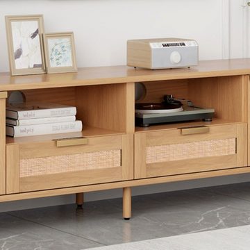 XDeer Sideboard TV-Konsolentisch,TV-Schrank mit echtem Rattandesign, TV-Schrank, mit massiven Holzfüßen,Geflochtener Rattan-TV-Boards - 200*37*49cm