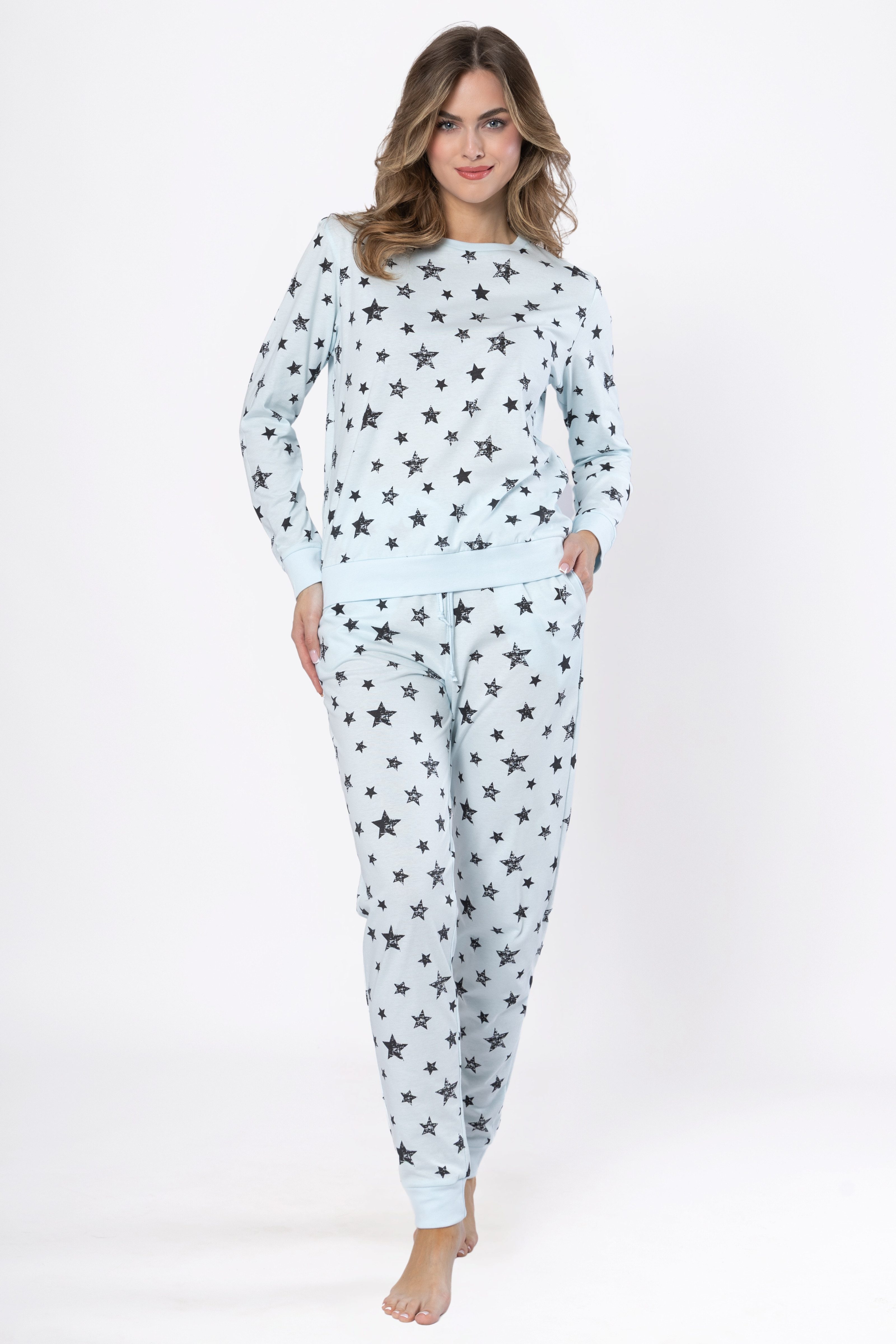 COOLISMO NIGHTWEAR Pyjama Damen Langarm Schlafanzug mit Bündchen-Abschluss (2 tlg) mit Sternchen Allover-Druck, 100% Baumwolle