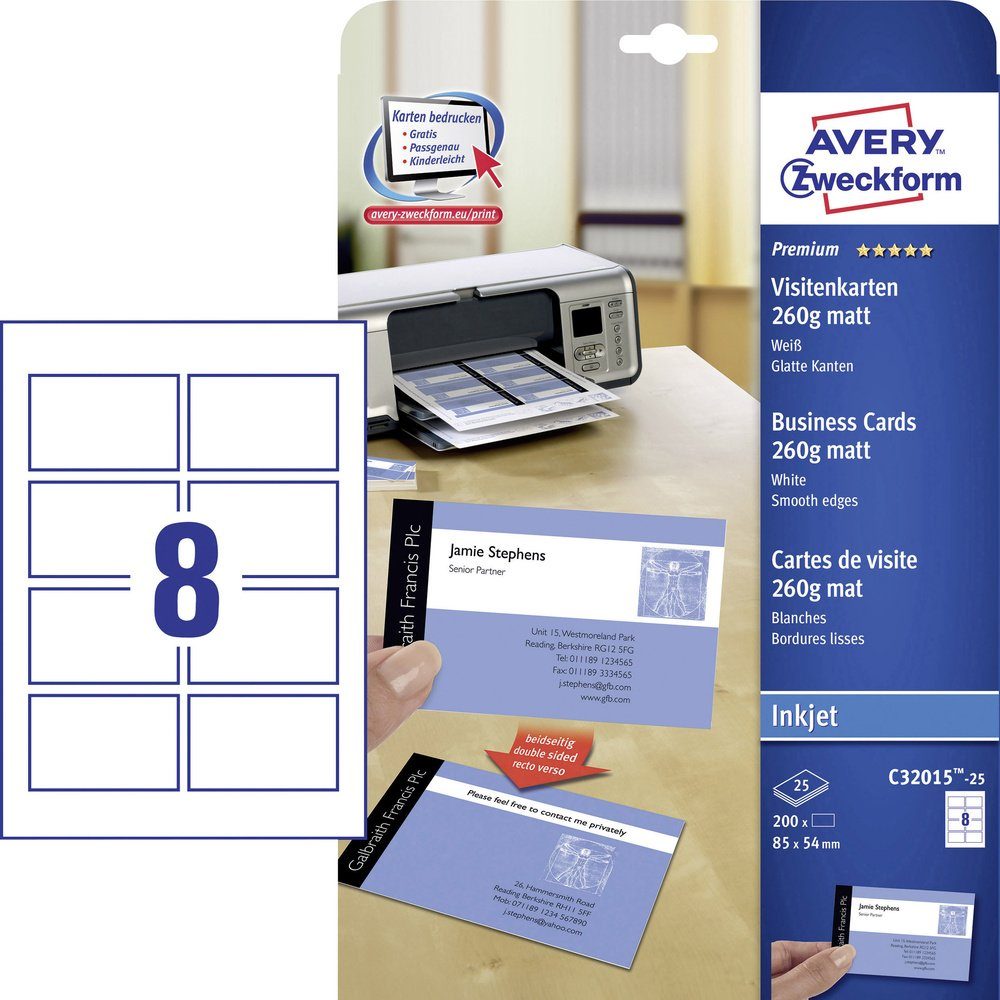 Visitenkarten Avery-Zweckform C32015-25 Bedruckbare Visitenkarten, glatte Kanten 85