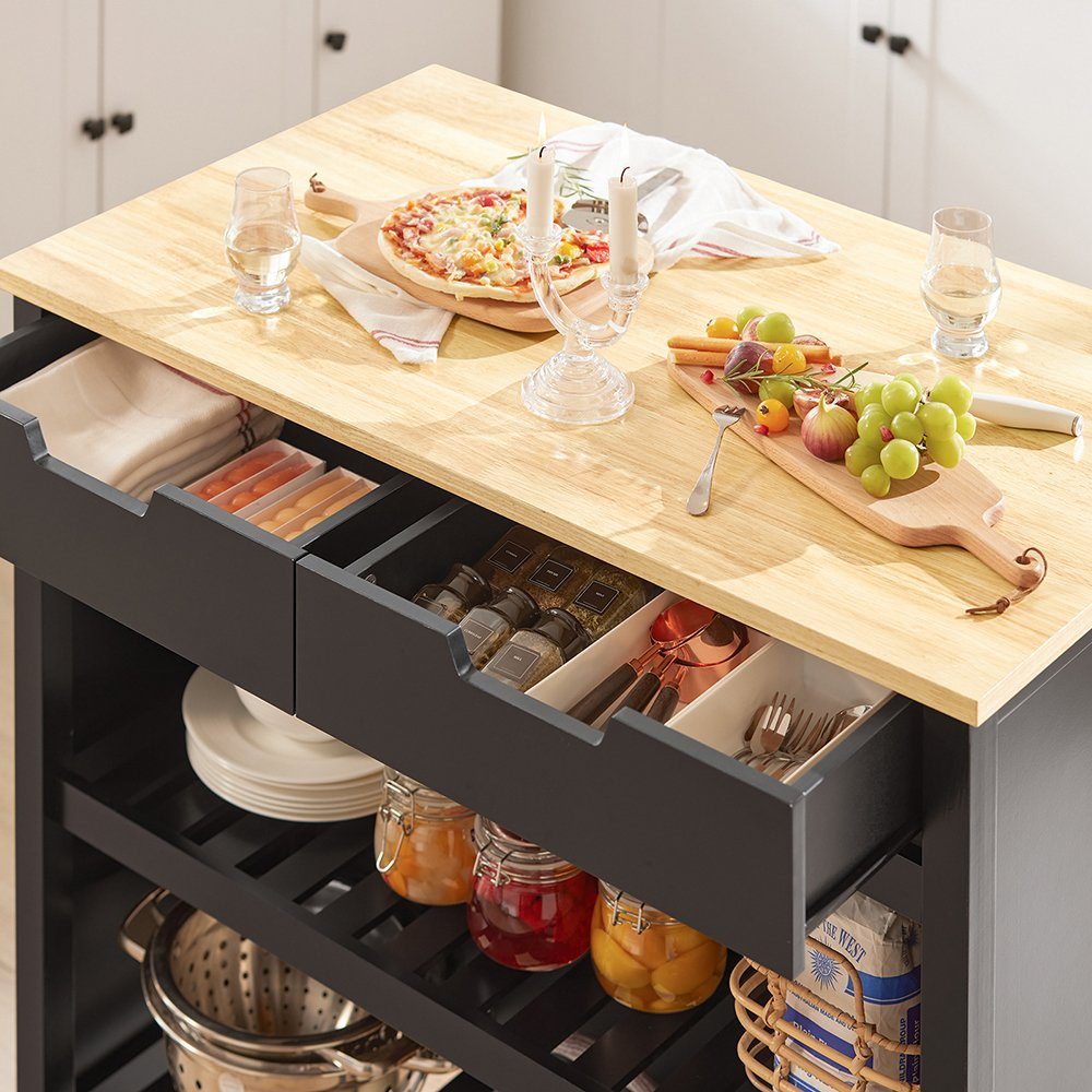 Sideboard Küchenschrank Ablagen mit schwarz-natur und FKW74, Kücheninsel 2 Schubladen Küchenwagen SoBuy