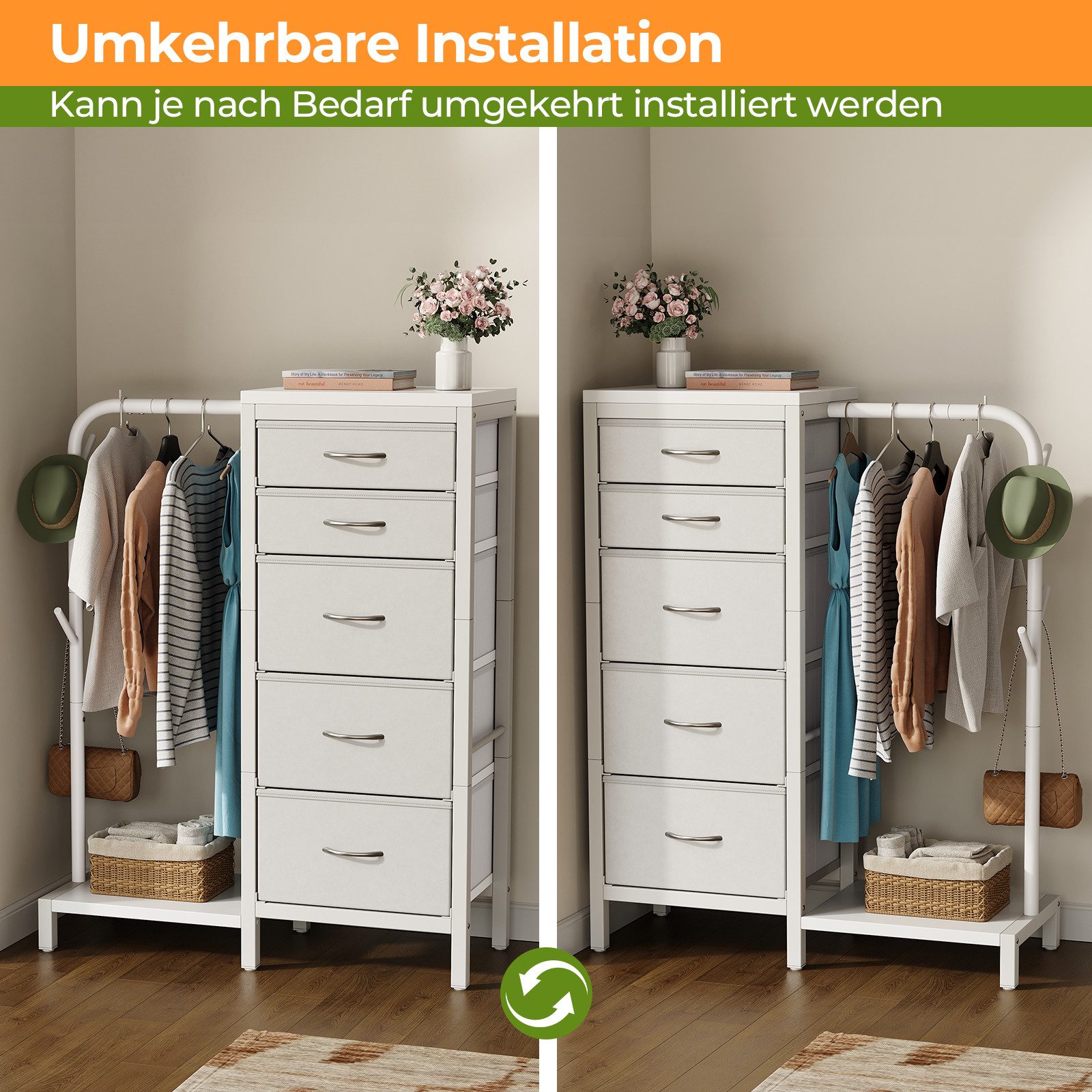 Patbrela Garderobenständer Garderobe mit 5 Stoff Schubladen, Kommodeschrank mit Kleiderstange, Stoffkommode für Schlafzimmer Wohnzimmer Flur Kinderzimmer – Bild 4 von 5