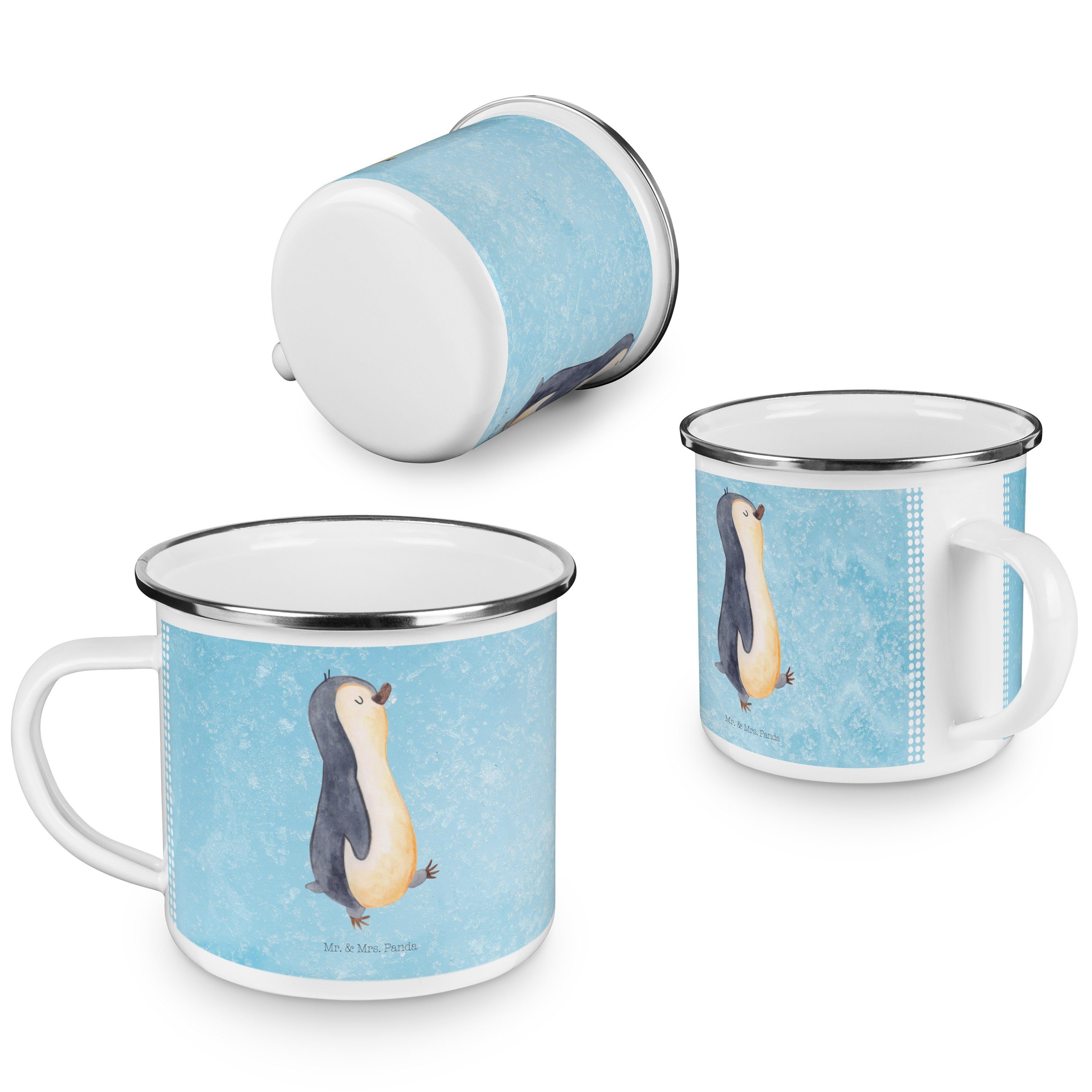 Mr. & Mrs. Panda Becher Pinguin marschierend - Eisblau - Geschenk, stolz, Emaille Campingbech, Emaille
