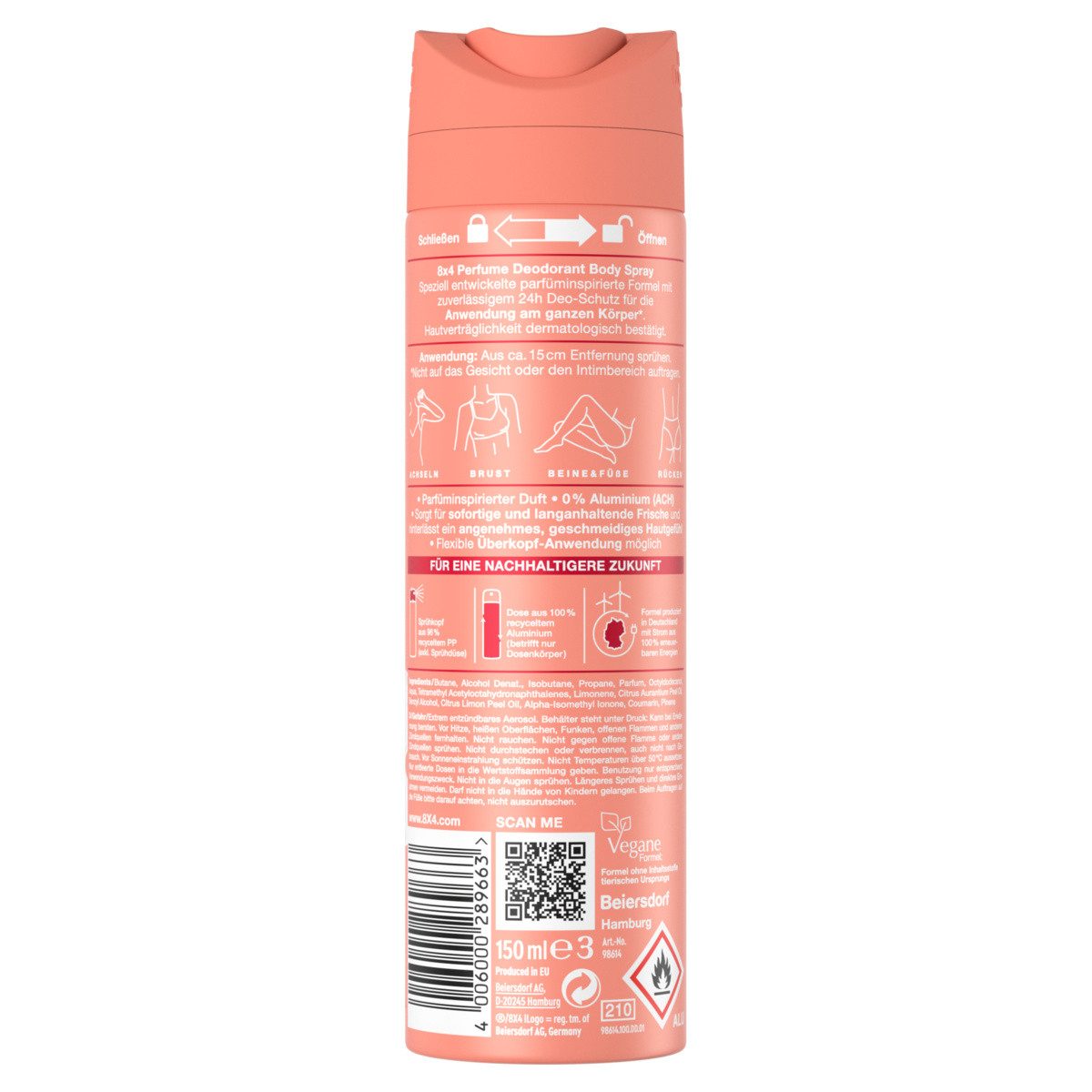 8x4 Bodyspray Body Spray Coral Charm 6 x 150ml Deodorant 24h blumig‑verführerisch, Set, 6-tlg., 0% Aluminium (ACH)