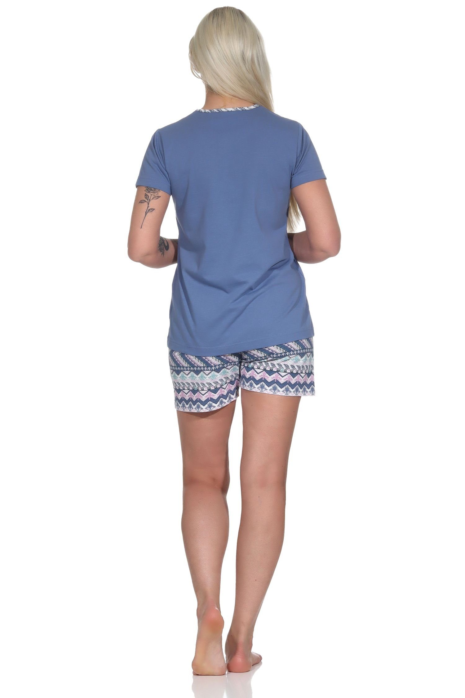 Normann Pyjama Verspielter Damen Shorty Ethno-Style Pyjama Schlafanzug, im blau kurzarm