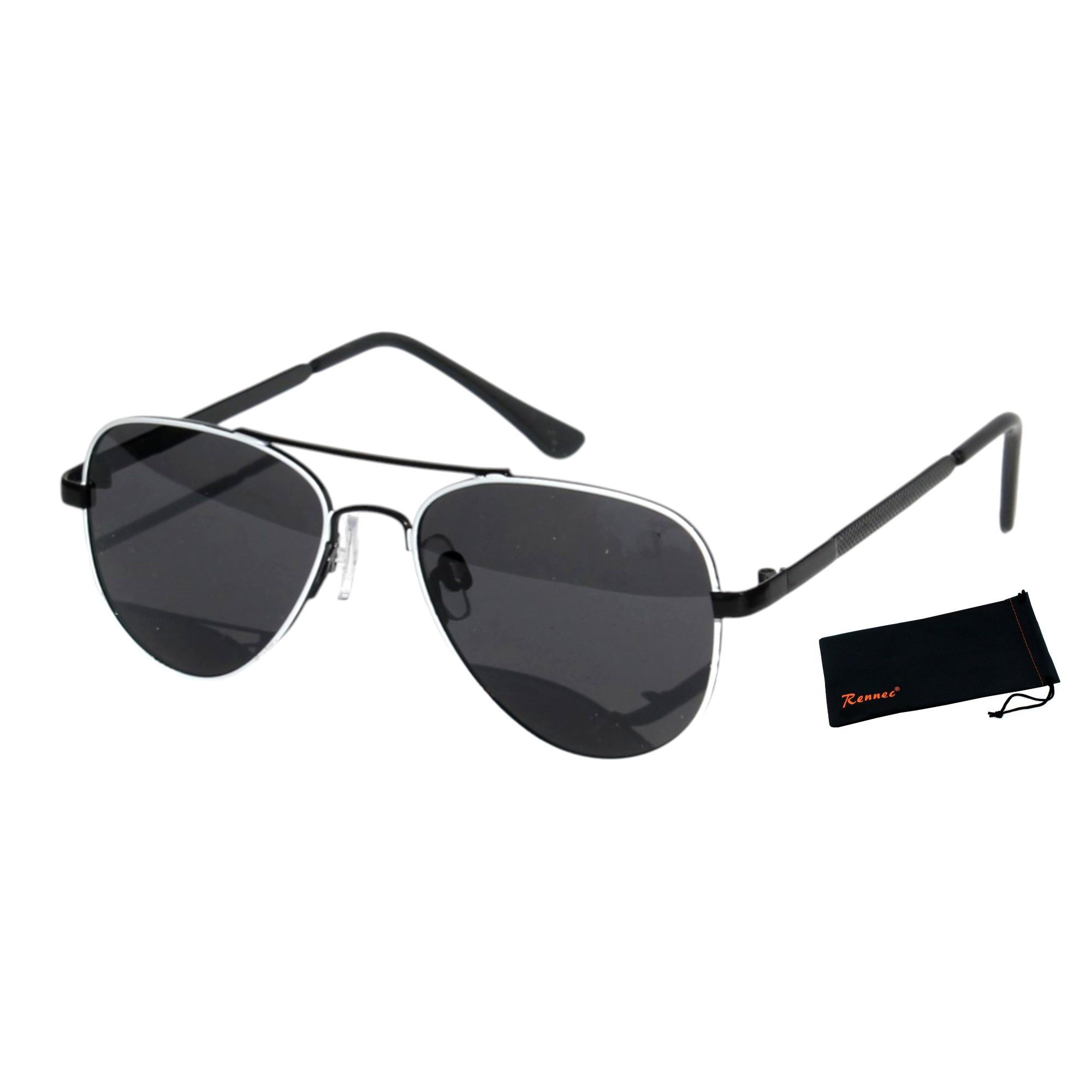 Rennec Sonnenbrille (Pilotenbrille Polarisiert UV400 Gläser Schwarz Getönt, Kinder Piloten Sonnenbrille mit Brillenbeutel) Jungen und Mädchen von 6 bis ca 11 Jahren