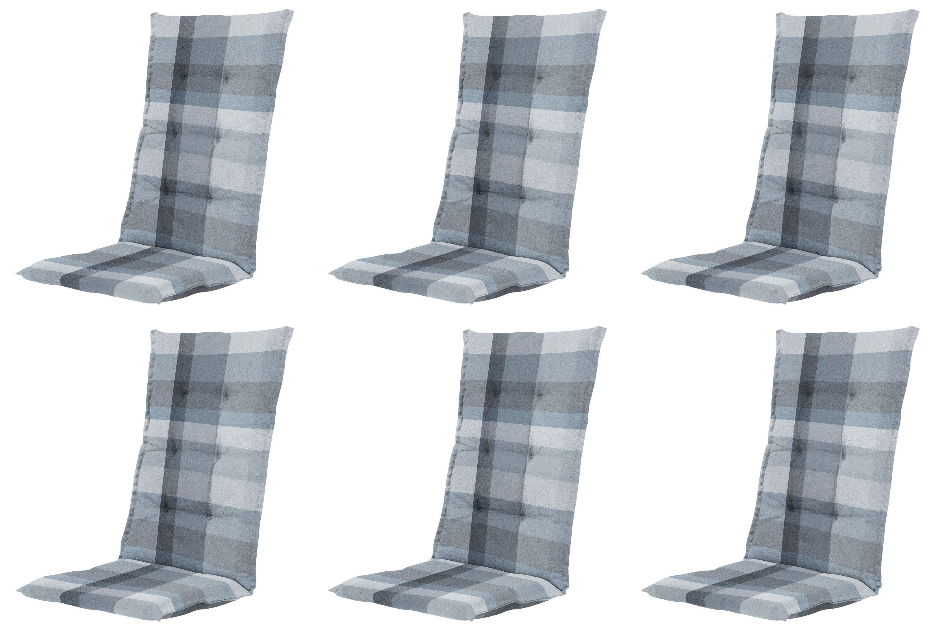 Gardissimo Hochlehnerauflage 6 er Set Gartenstuhlauflagen Sya grau 120x50 cm, (Spar-Set, 6 St., 6 Auflagen), UV-beständig inkl. Bindebänder und Halteband für Hochlehner-Stühle