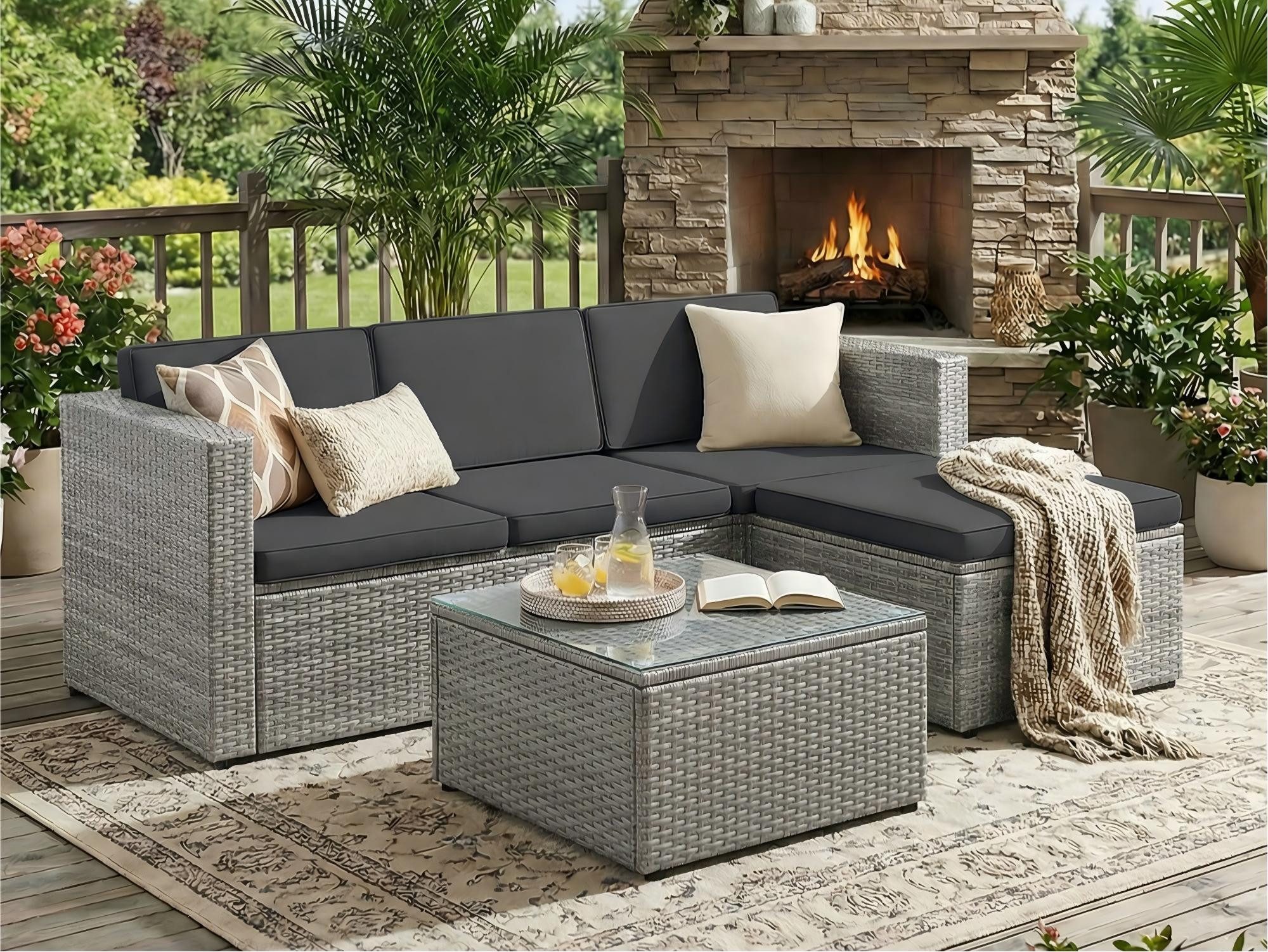 SONGMICS Gartenlounge-Set, (5-tlg., 1 Ecksofa, 1 Hocker, 1 Couchtisch, 7 Kissen), Balkonmöbel, handgeflochtenes Rattan