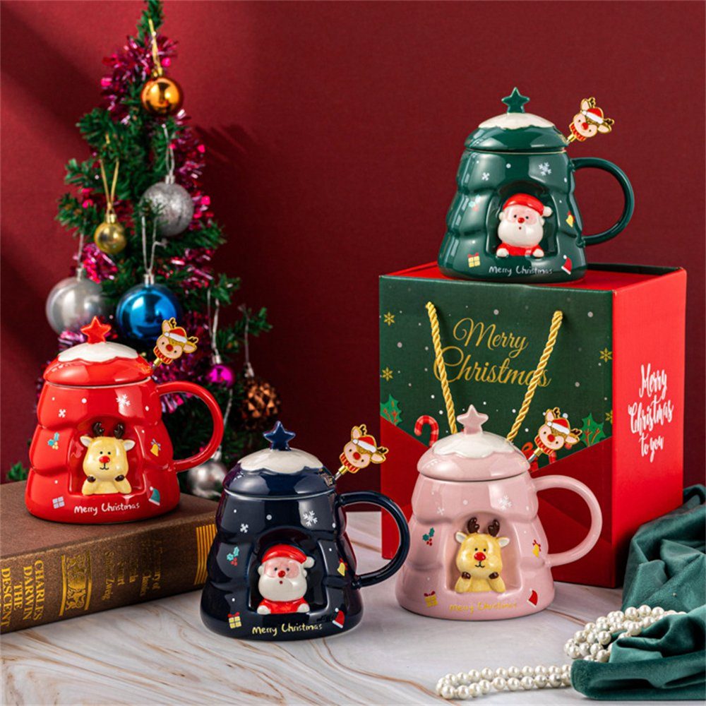 Rouemi Tasse Geschenkkarton Weihnachts-Keramikbecher, mit Blau Elchbecher Löffel Deckel