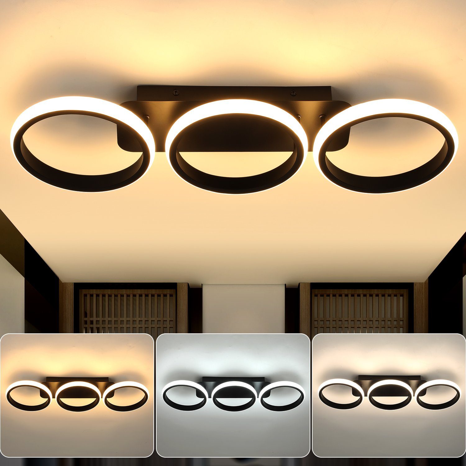 iscooter LED Deckenleuchte 3 Metall Ringe LED Deckenlampe, Schwarz LED Deckenleuchte Rund, LED fest integriert, warmweiß, Neutralweiß, Kaltweiß, für Wohnzimmer, Schlafzimmer, Esszimmer, Flur, Arbeitszimmer | Deckenlampen