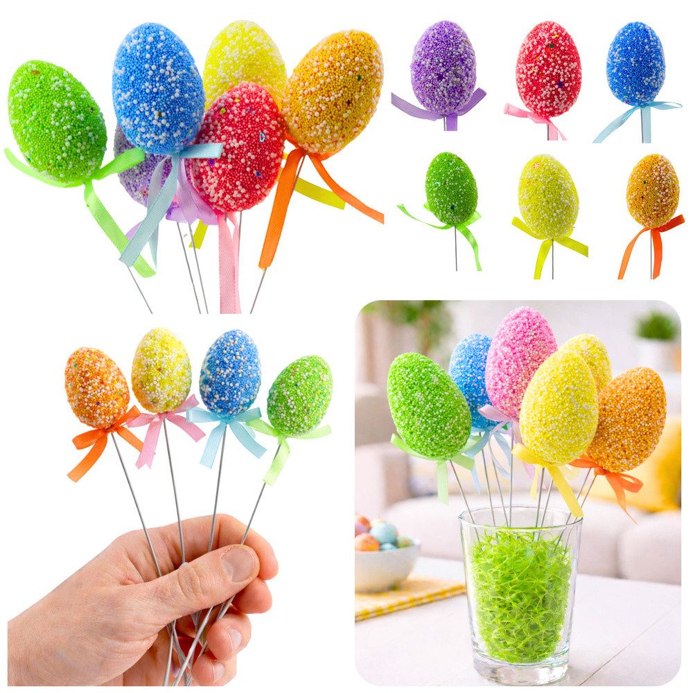 LEAN TOYS Osterei Osterstecker Dekoeier Frühlingsdeko (Spar-Set, 6 St., 24 cm bunt), flexibler Drahtstiel, Styroporkügelchen, Schleife