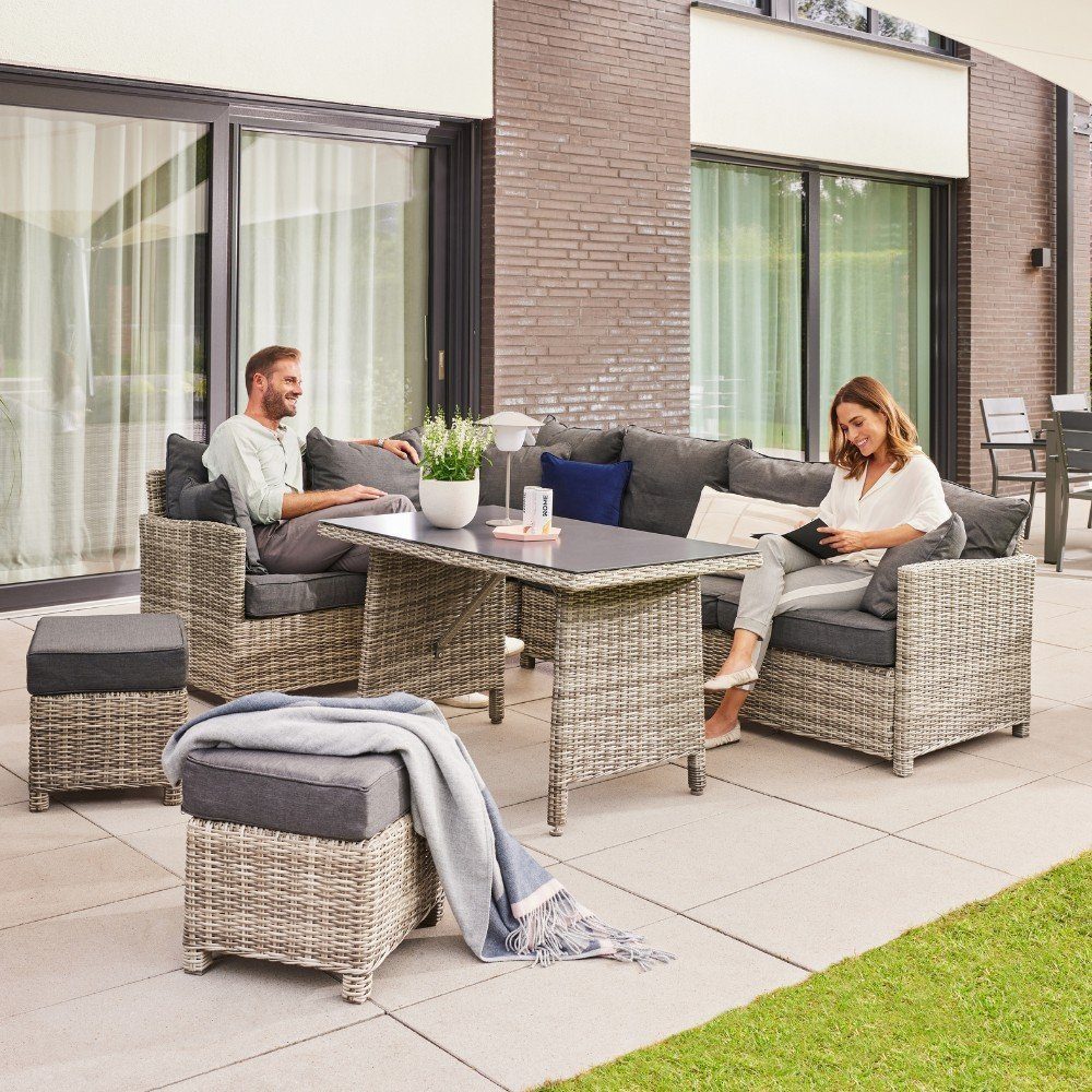 HOME DELUXE Sitzgruppe Rattan Sitzgruppe - BAHIA, (5-tlg., inkl. Hocker, Tisch mit Glasplatte und Sitzpolster), Rahmen aus leichtem, extrastabilem und rostfreiem Aluminium