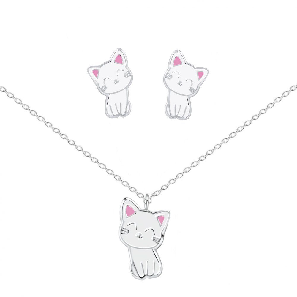 ALEXANDER YORK Schmuckset KATZE weiß, 4-tlg. (Kette mit Anhänger, Ohrstecker), 925 Sterling Silber | Schmuck-Sets