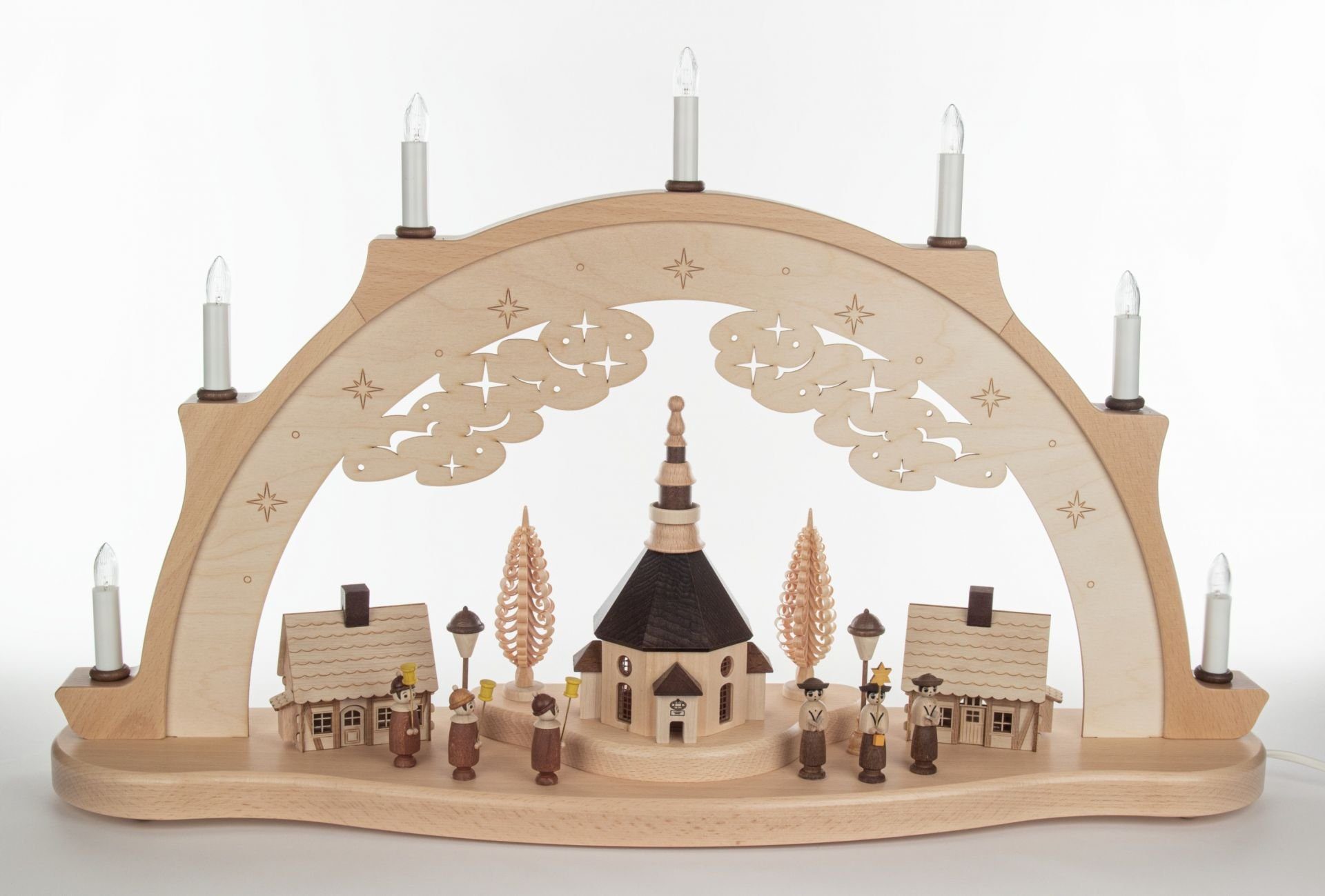 Zeidler Holzkunst Lichterbogen Schwibbogen Kurrende mit Seiffener Kirche und Häuser elektrisch HxLxB