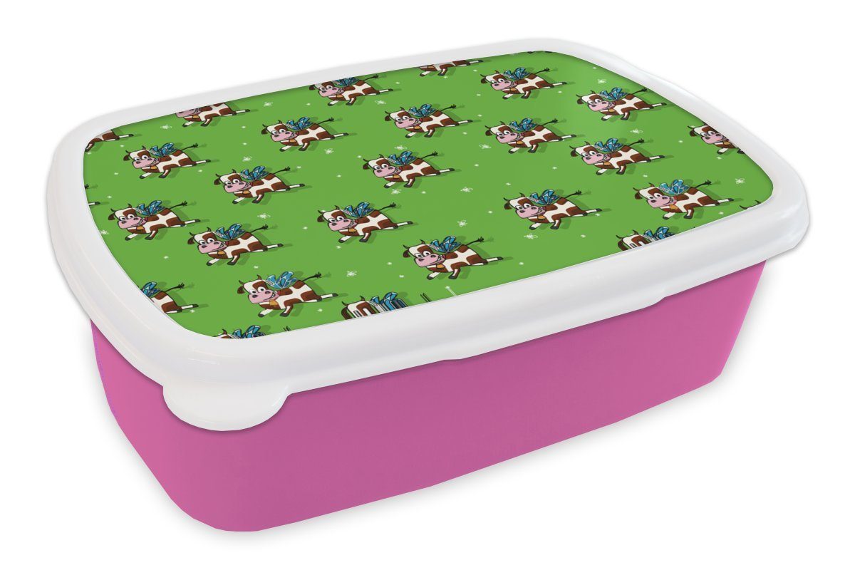 MuchoWow Lunchbox Kuh - Flügel - Muster - Kind, Kunststoff, (2-tlg), Brotbox für Erwachsene, Brotdose Kinder, Snackbox, Mädchen, Kunststoff rosa