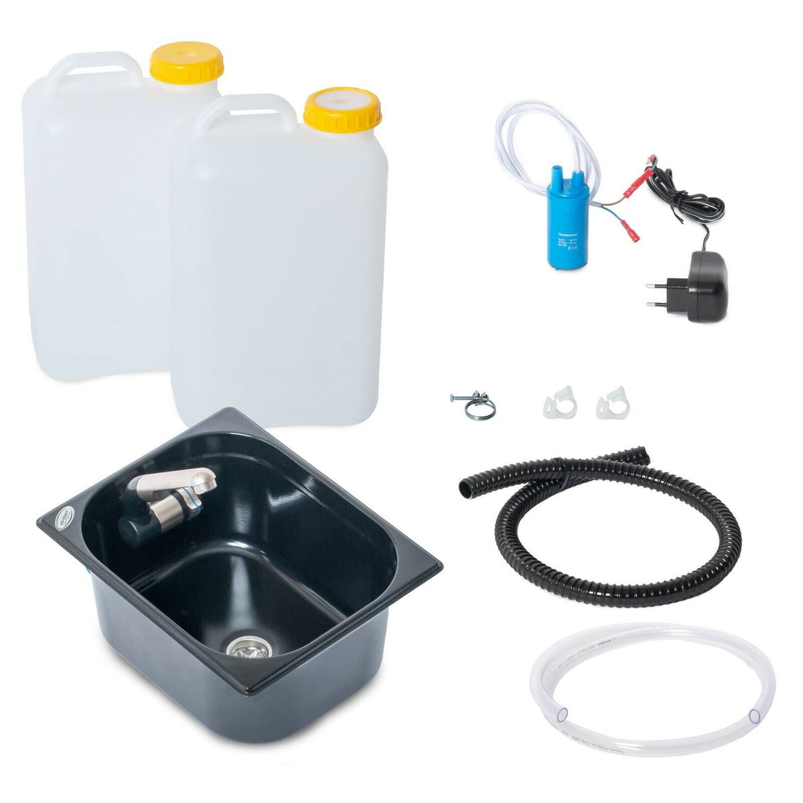 ad-ideen Waschbecken 230V Technikpaket Spüle 325x265x150mm Schwarz Wasserhahn 19L