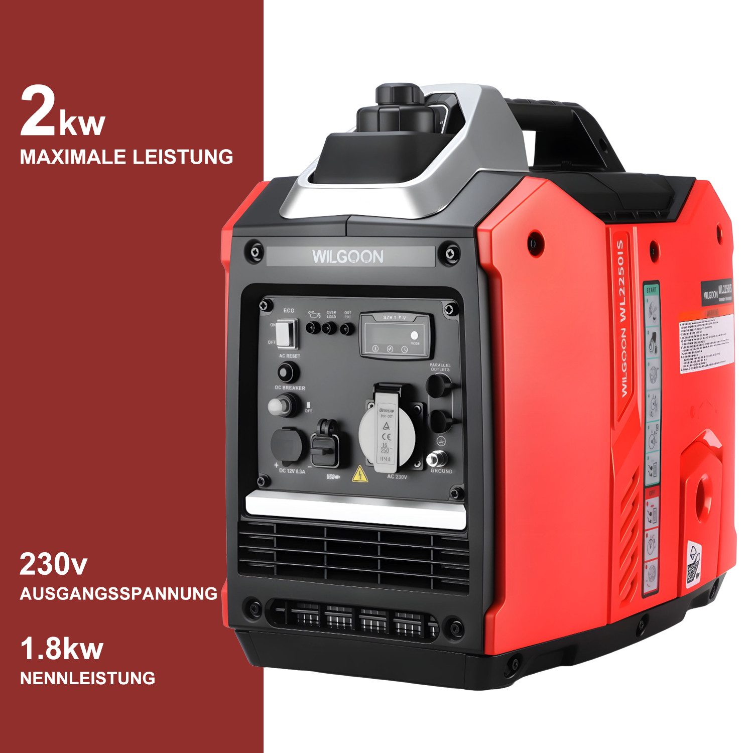 WILGOON BS2250IS 4-Stroke Quiet Generator, Inverter Generator, 2000W (2 kW), 79.8 cm³, Petrol Generator with 230V Socket for Camping and Motorhomes