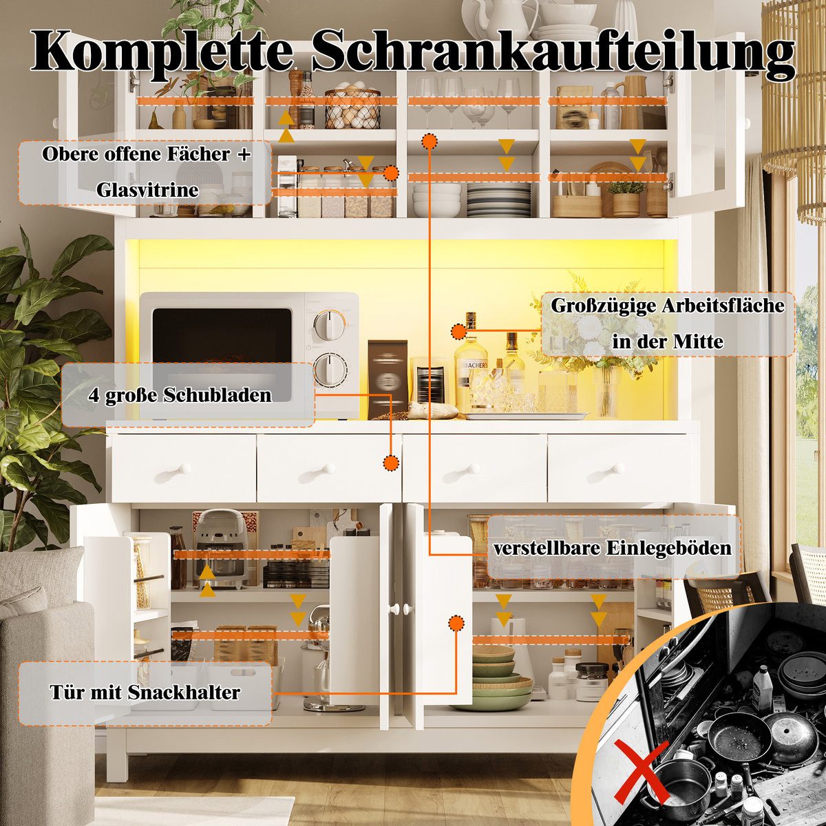 Odikalo Küchenbuffet Küchenschrank Buffetschrank mit App-gesteuerter RGB-LED (140*38.5*180cm mit Glastüren & 4 Schubladen, verstellbare Einlegeböden, Naturholz- – Bild 3 von 5