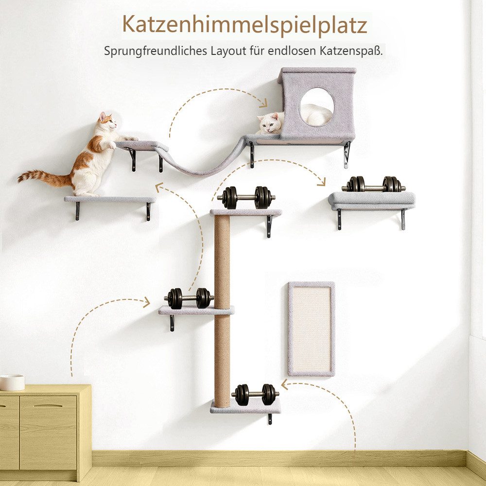bioby Katzen-Kletterwand 5 teilig Katzenmöbel-Set für 1-3 Katzen, Tragfähigkeit bis 18kg, mit Katzenbrücke, Katzenhaus, Kratzbrett, Kratzbaum Wand,Liegeflächen
