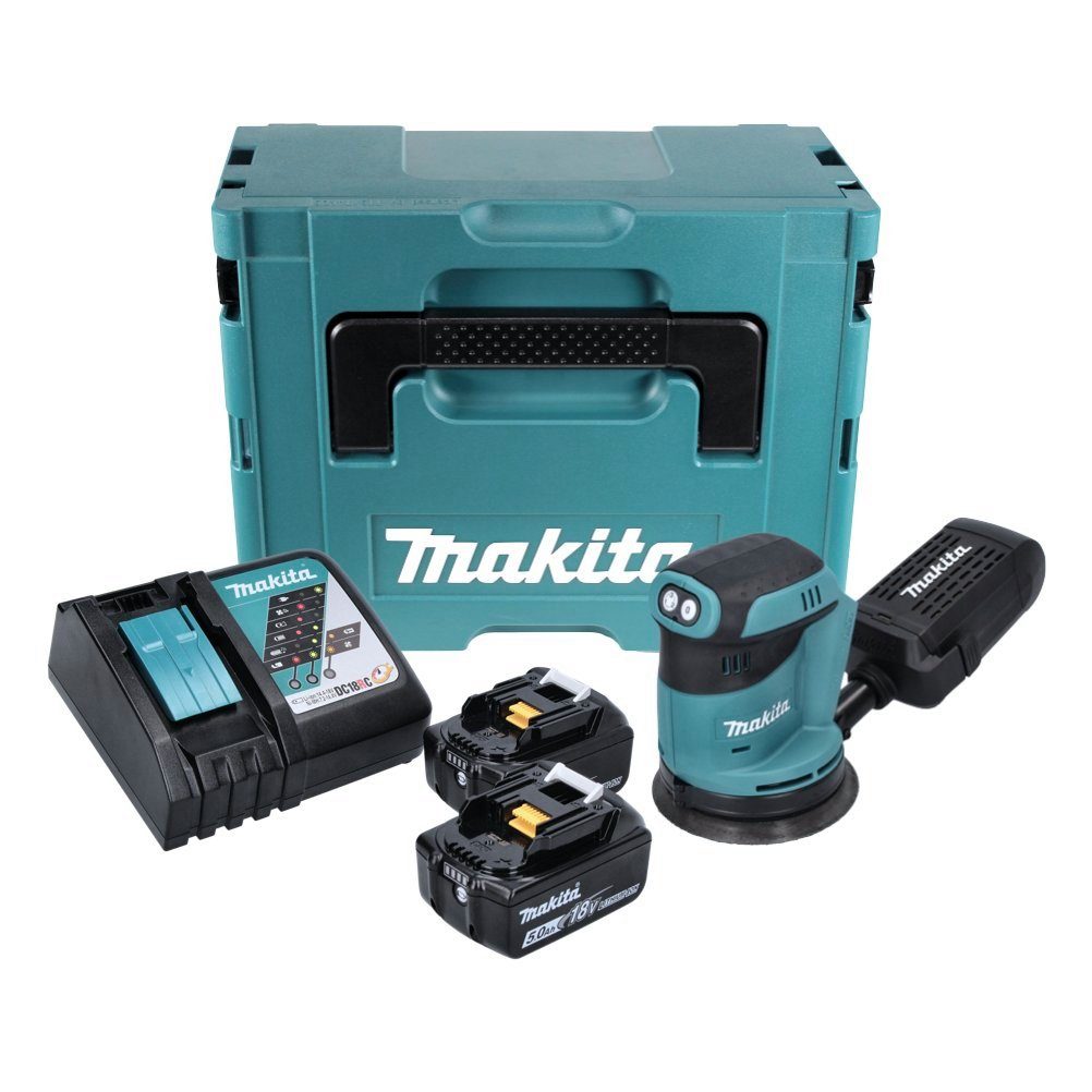 Exzenterschleifer 180 Makita Akku V 2x RTJ mm Akku DBO 125 18 Lad + Exzenterschleifer Ah 5,0 +