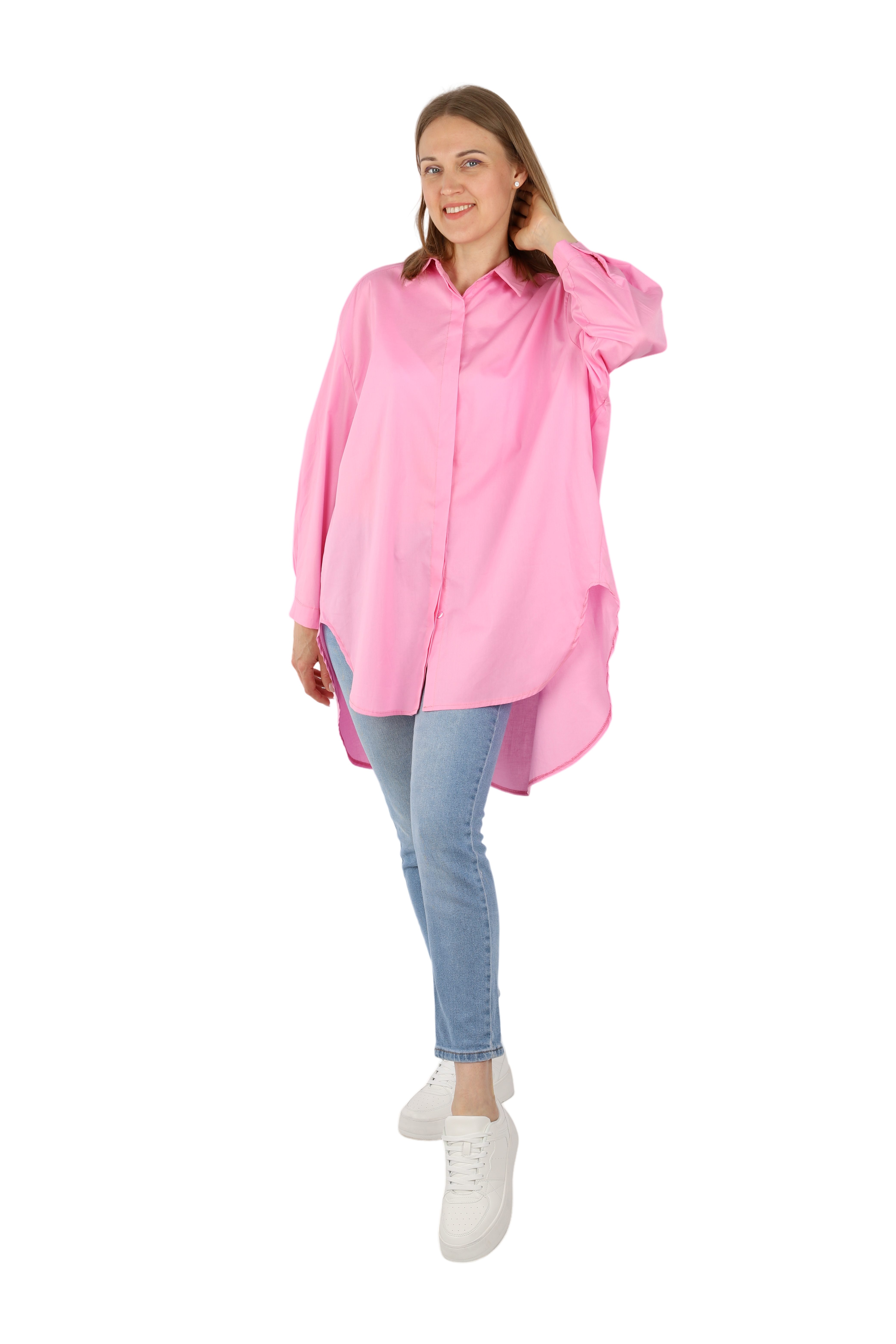 MIRROSI Longbluse Damen 100% Baumwolle Bluse Lang OVERSIZE Design (Onesize (Passt Gr. 36 bis Gr.46) Langarm Hemdbluse Made in Italy