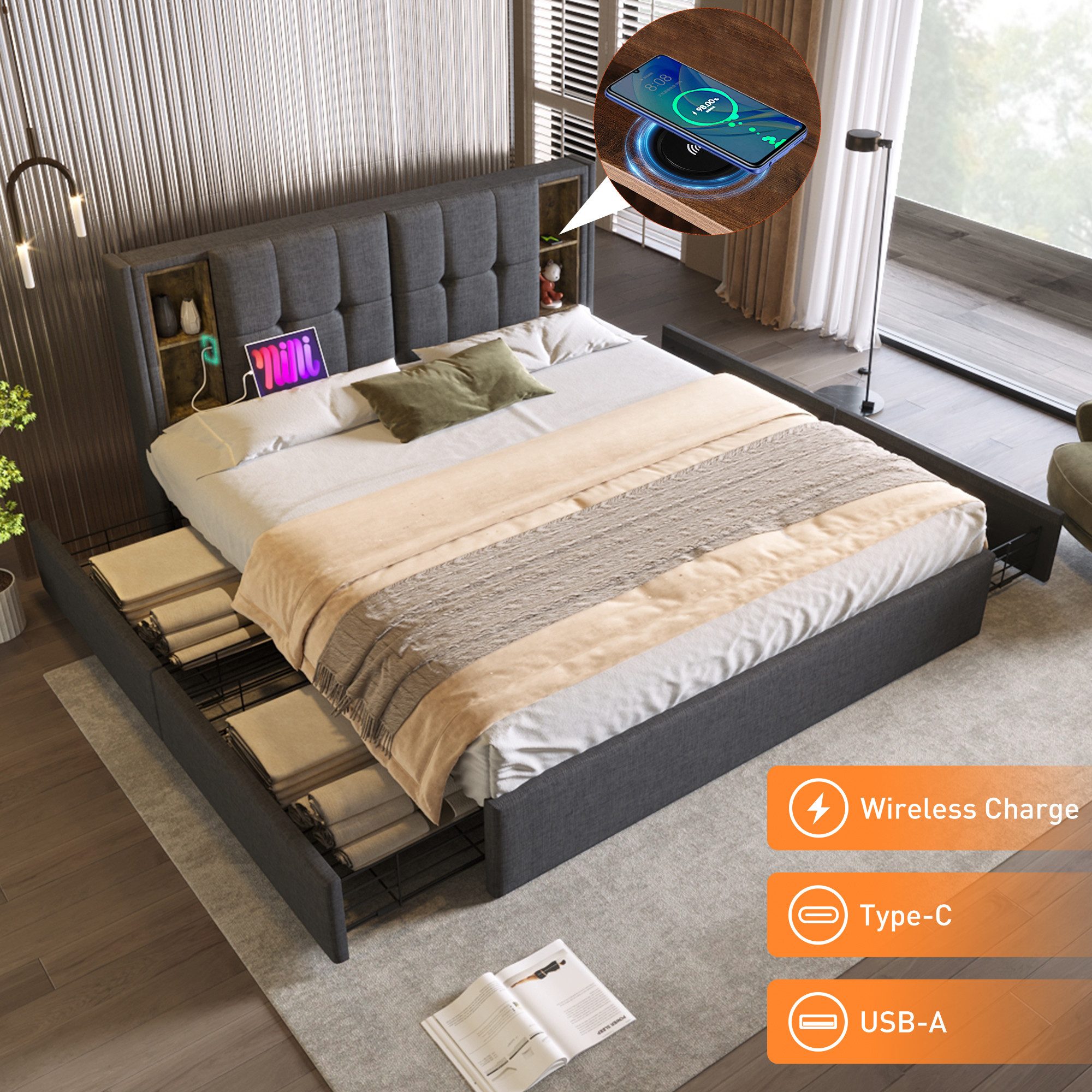 Flieks Polsterbett, Doppelbett 160x200cm Kabelloses Laden/USB/Typ-c günstig online kaufen