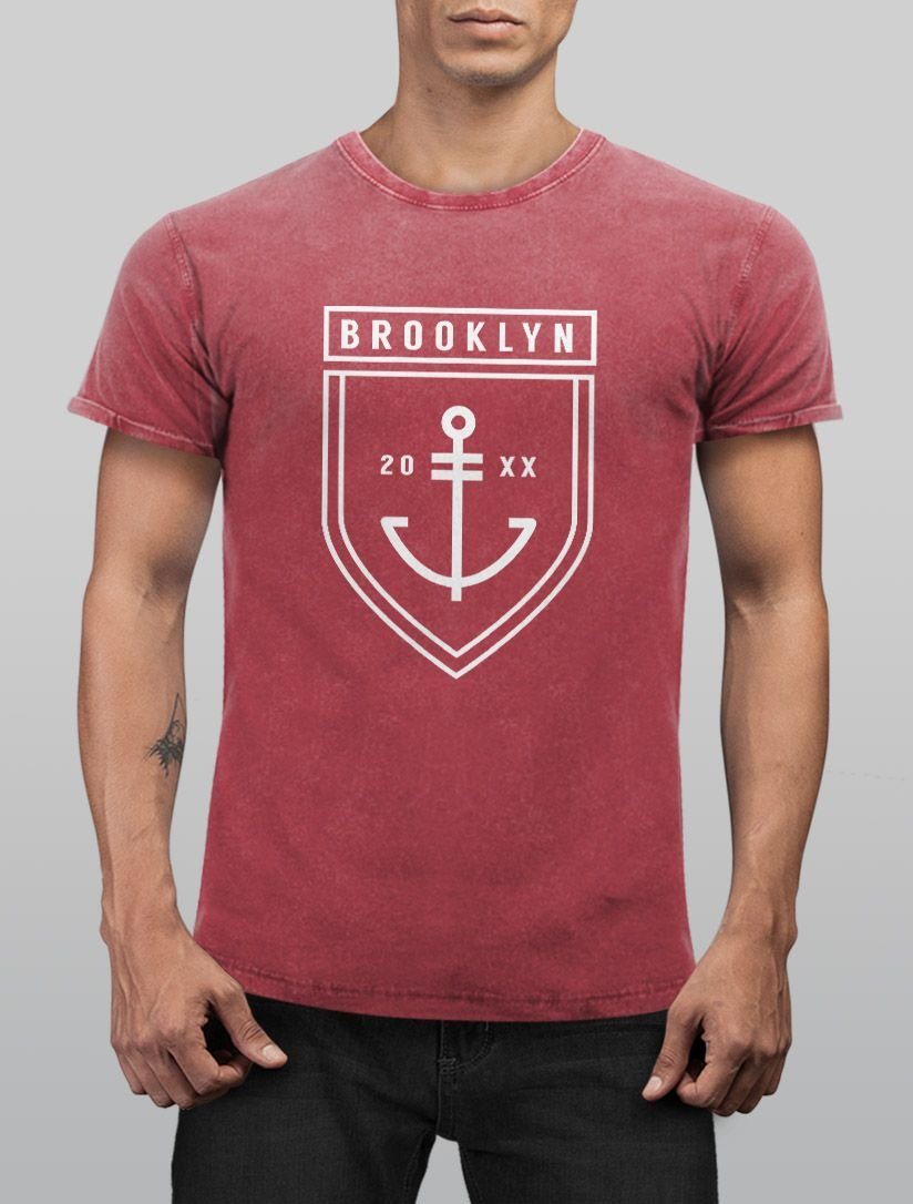 Angesagtes Slim Fit Vintage Aufdruck rot Neverless® Neverless Brooklyn Look Herren Print-Shirt mit Cooles Print Anker Used Shirt T-Shirt