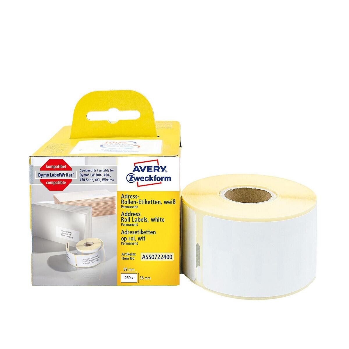 Avery Zweckform Thermorolle ASS0722400, entspricht DYMO® S0722400, 260 Adress-Etiketten 36/89 mm