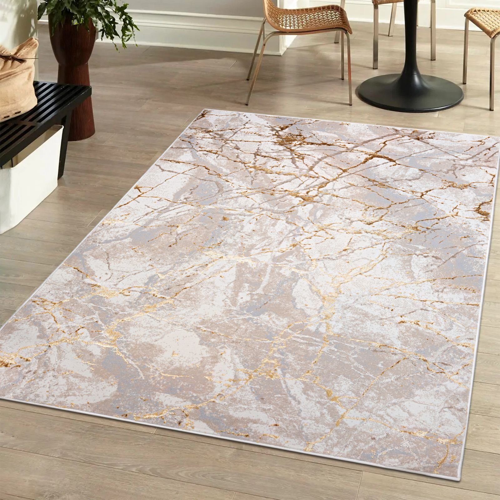 Designteppich Modern Teppich für Wohnzimmer - Beige Creme mit Gold, Mazovia, 120 x 170 cm, Glänzende Abstrakt Marmor, Höhe 10 mm, Kurzflor - niedrige Florhöhe, Weich, Pflegeleicht