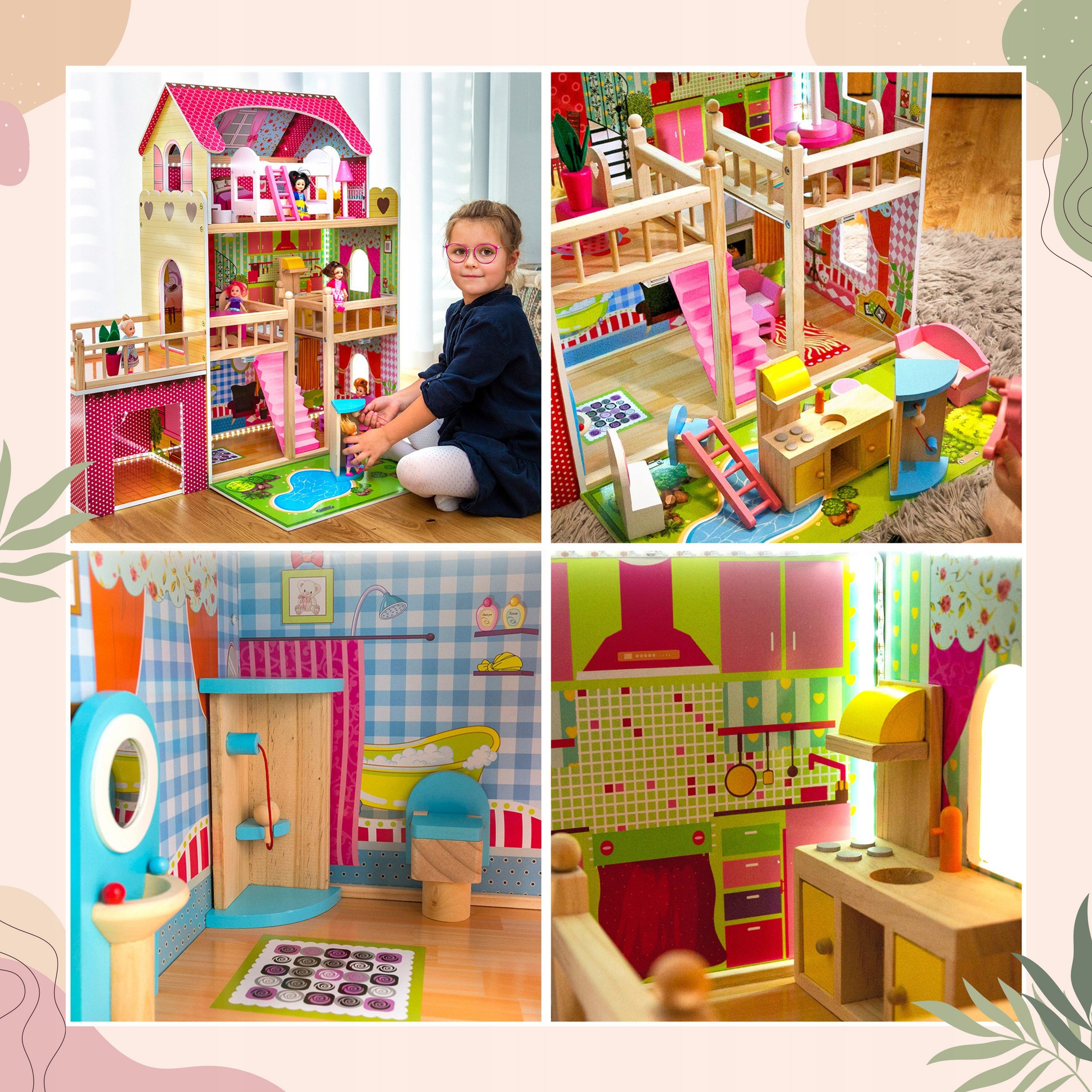 Kinderplay Dolls & Strollers Puppenhaus Puppenhaus Holzvilla – 3 Etagen mit LED Licht – Spielhaus mit Garage – Bild 3 von 5
