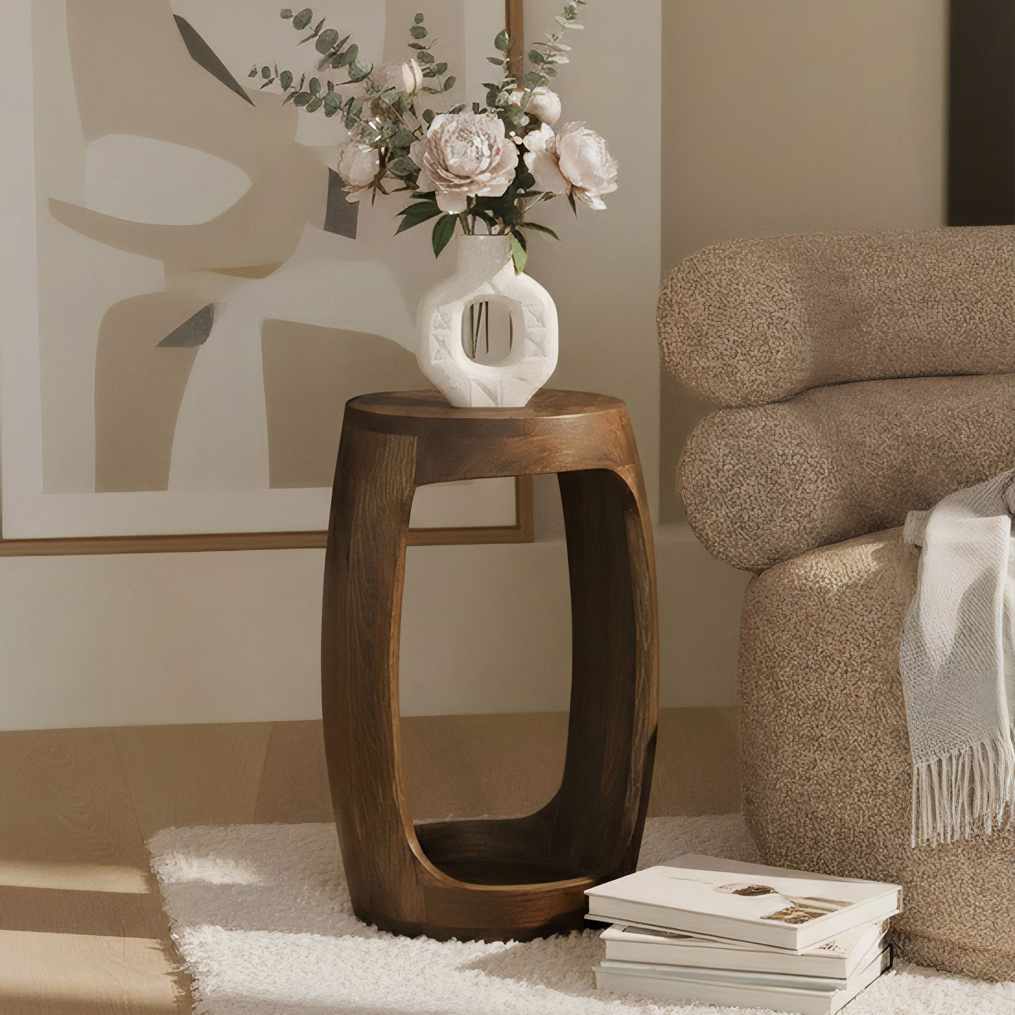 FINEBUY Beistelltisch FB116320 Anstelltisch Mango Massivholz 30 cm Ablagetisch rund modern (Kompakter, eleganter und vielseitiger Ablagetisch), Handgefertigt aus echtem Massivholz
