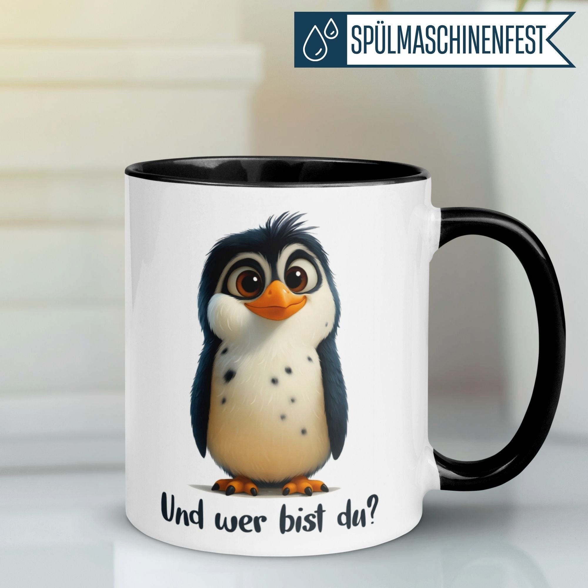 Momentals Tasse Pinguin – „Und wer bist du“ – lustiger Geschenk Becher für Pinguin Fan, Gratis Versand · Links-&Rechtshänder · Spülmaschinenfest